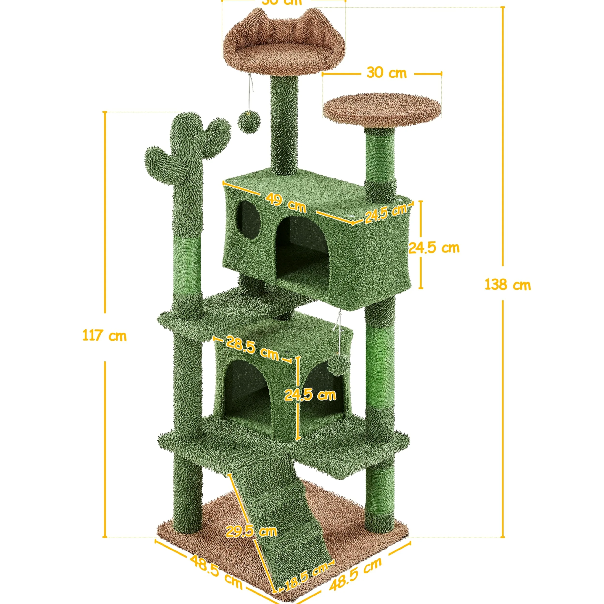 Yaheetech Albero Tiragraffi per Gatti a Forma di Cactus Condominio Palla Gioco in Truciolato e Corda di Sisal 48,5 cm × 48,5 cm × 138 cm