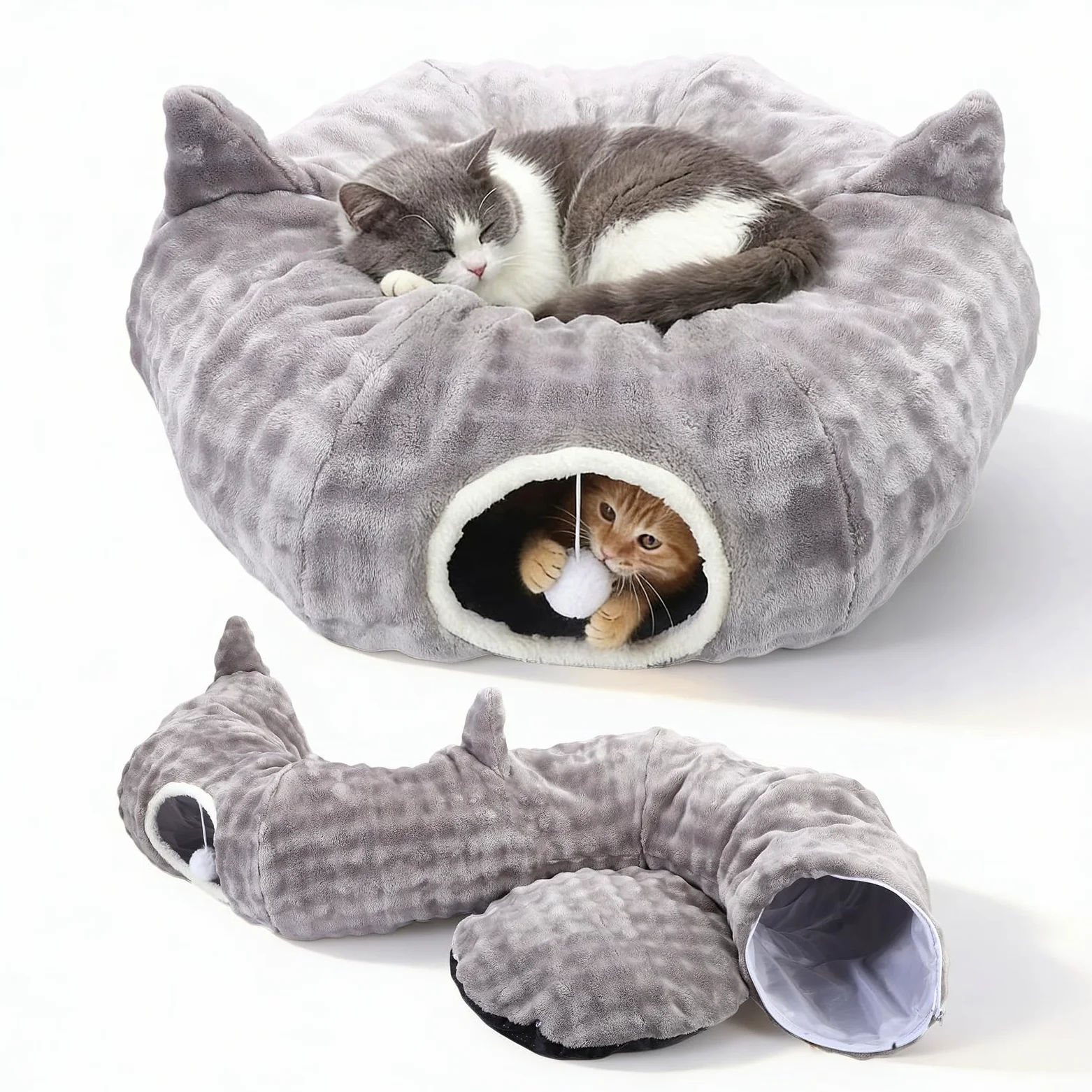 Tunnel per Gatti, Tunnel Gatto e Cuccia 2 in 1 con Giocattoli Pendenti, Tunnel Gatto con 2 Ingressi, Cuscino Circolare Lavabile, Tubo per Gatti Gioco Pieghevole per Gattini/Cuccioli/Conigli