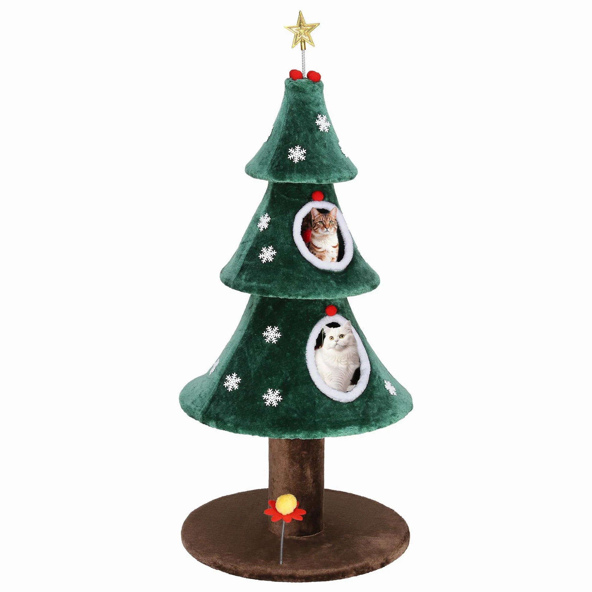 YITAHOME Albero di Natale grande con 2 ripiani, casa per gatti da 132 cm, colonne tiragraffi, centro attivo per gattini e decorazioni natalizie in verde