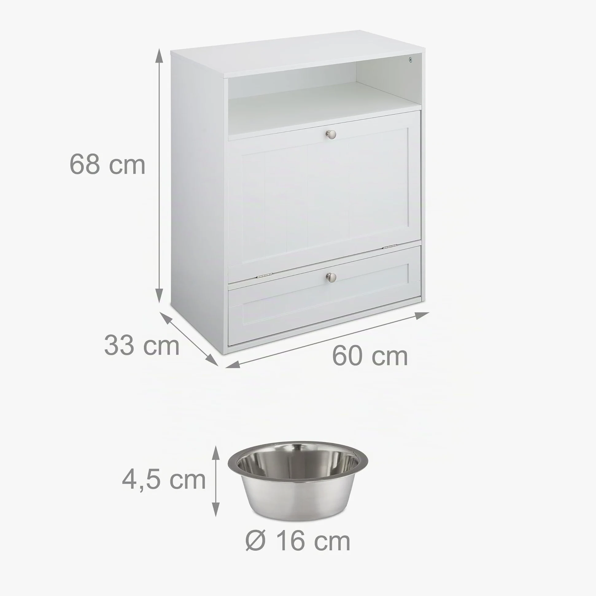 Relaxdays Ciotole Rialzate per Cani con Armadietto, Cassetto con 2 Scodelle e Ribaltina, HxLxP: 68x60x33 cm, MDF, Bianco