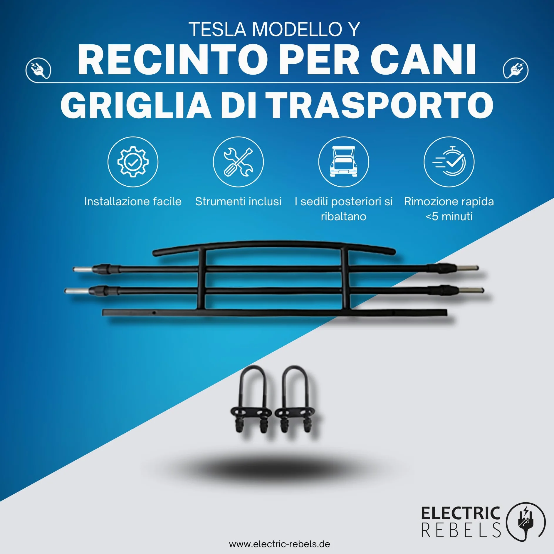 Electric Rebels | Griglia di trasporto per Tesla Model Y | Barre regolabili in continuo | Fissaggio con poggiatesta - Griglia di protezione e separazione