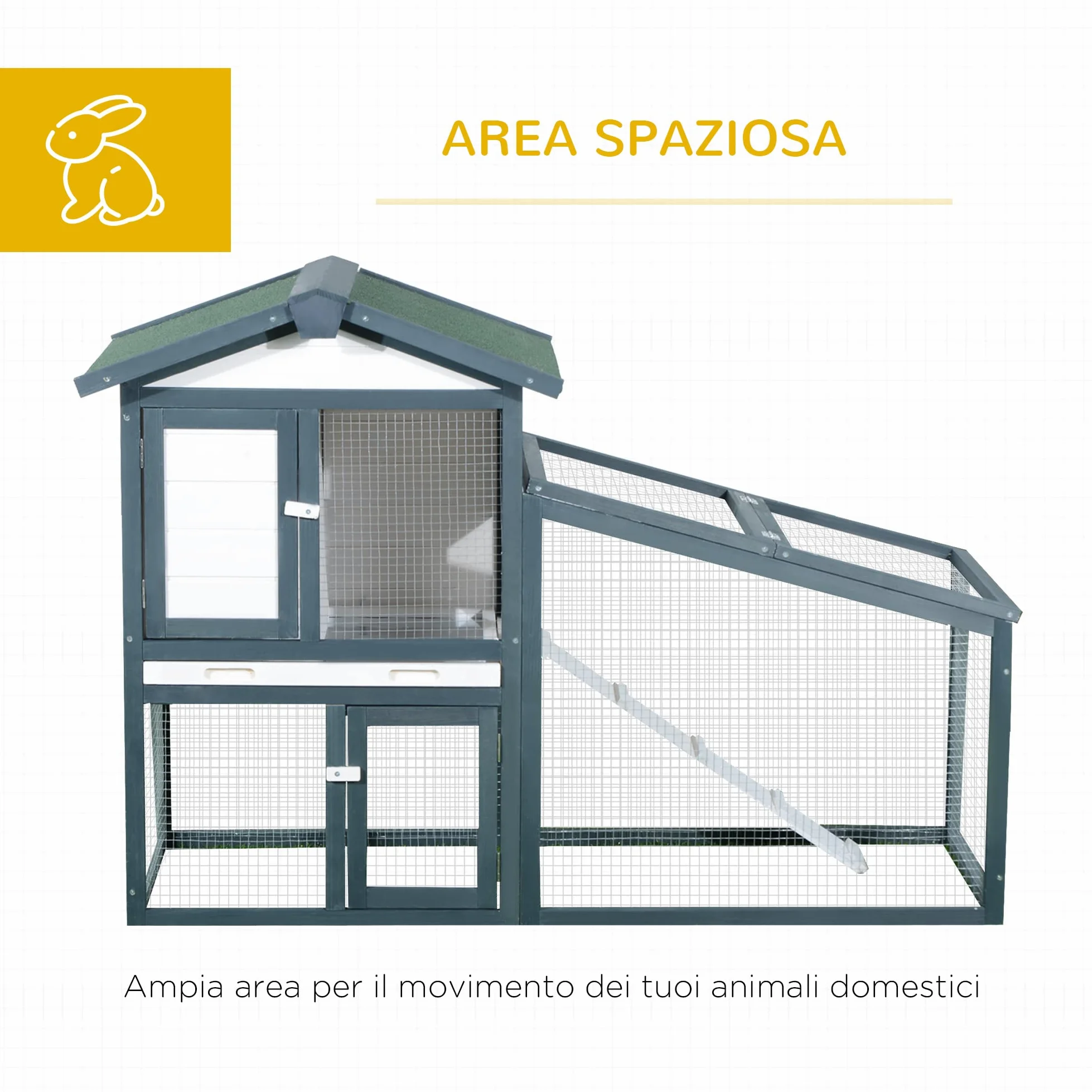 PawHut Gabbia per Conigli Animali in Lengo di Abete Doppia Porta 140 x 65 x 100cm Verde e Bianco