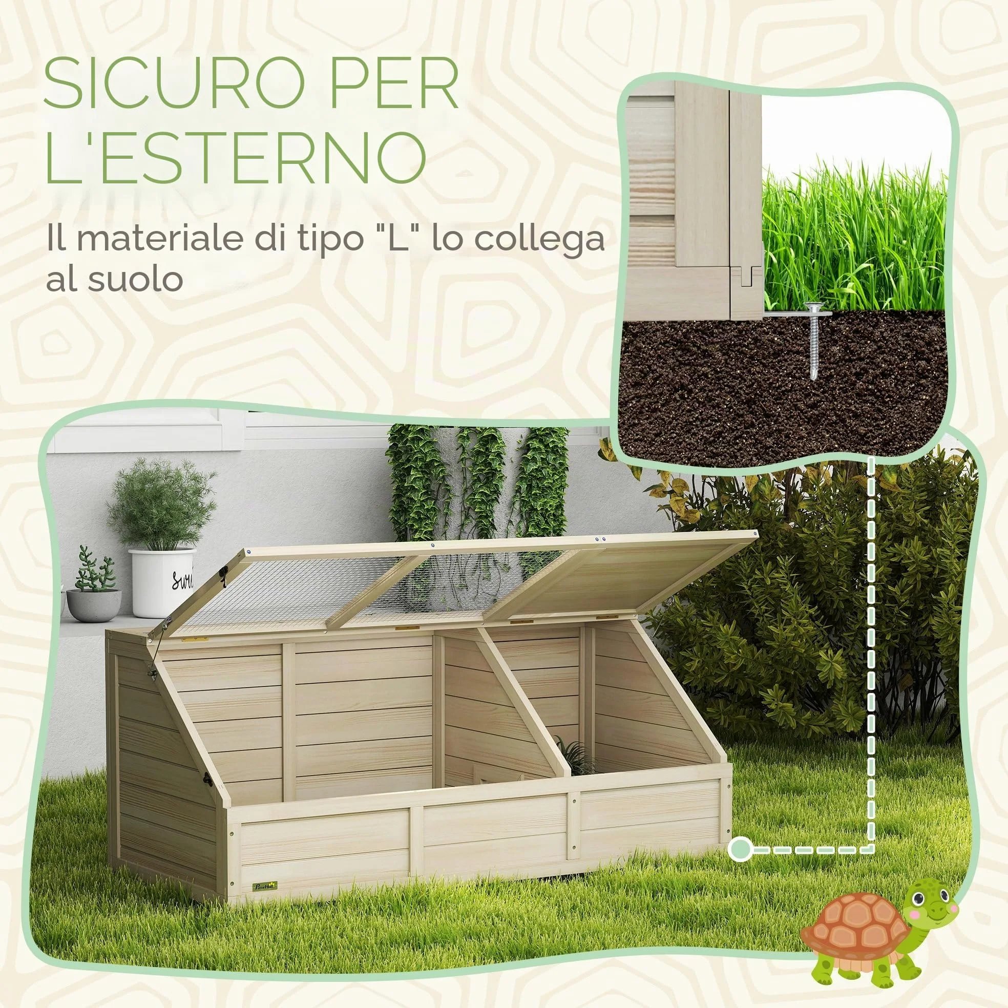 PawHut Casa in Legno per Tartarughe, recinto esterno per piccoli animali con coperchio apribile, fermi e 2 spazi separati, senza fondo, 120 x 55 x 50 cm, legno naturale