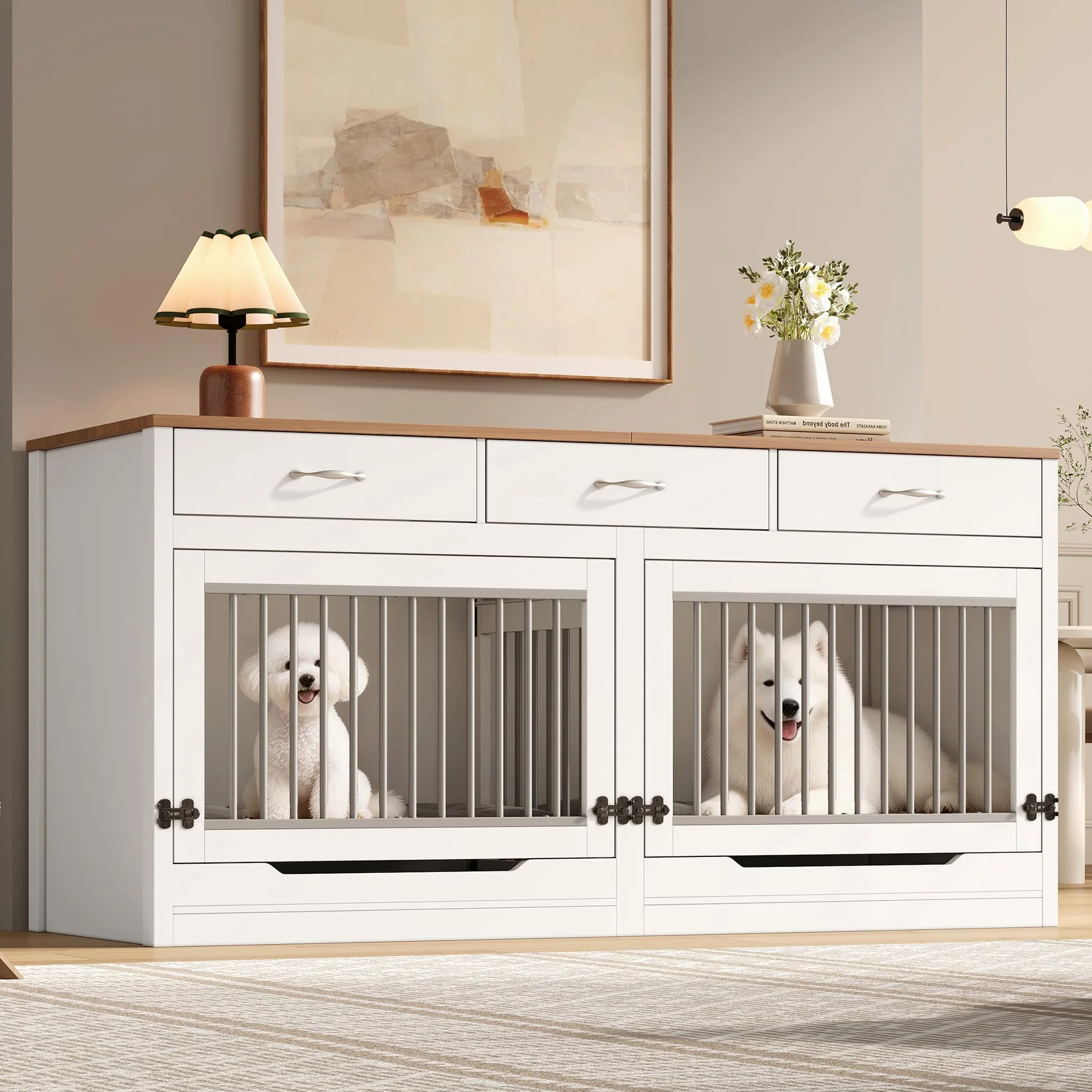Gabbia per cani XXL, in legno e metallo, con 3 cassetti e 2 ante, cuccia interna per cani, per la casa, coperchio pieghevole, divisorio rimovibile (bianco + effetto legno)