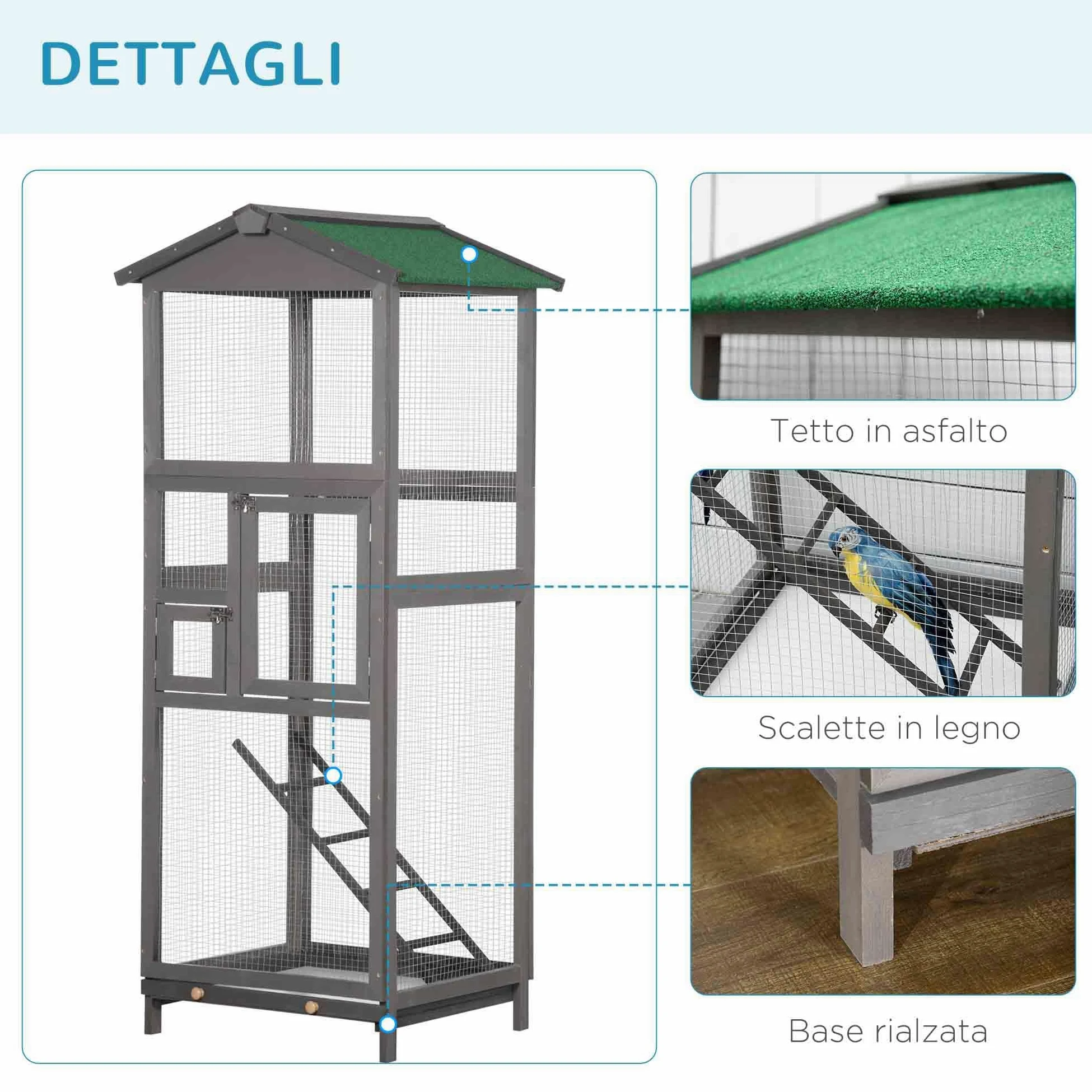 PawHut Gabbia per Uccelli in Legno di Abete e Rete Metallica, Voliera per Uccelli da Esterno con 2 Porte, Tetto in Asfalto e Vassoio Estraibile, 68x63x165 cm, Grigio Chiaro