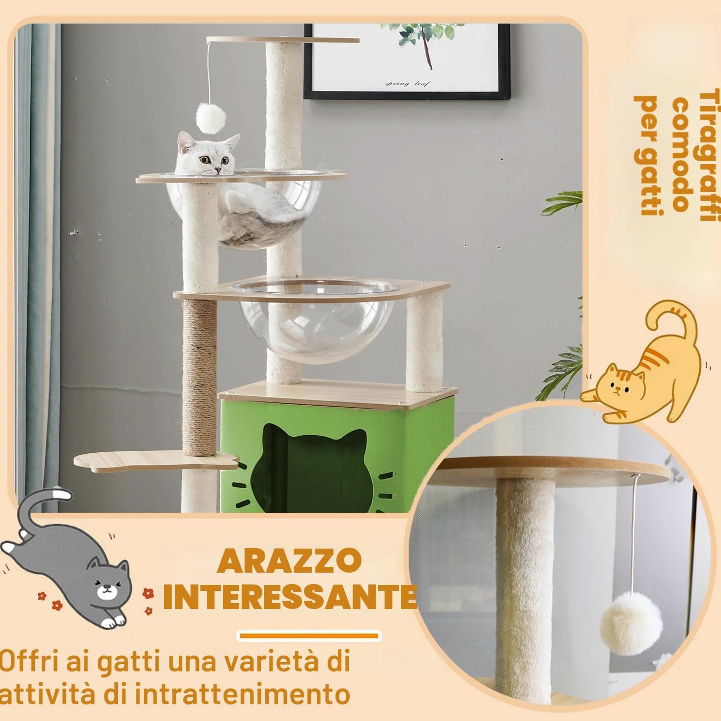 Tiragraffi per gatti,Con Cuccia gatto,2 Capsula spaziale trasparente,Gioco per Palla,Trespolo per Piattaforma,Scala per,Tiragraffi per gatti adulti(145CM)