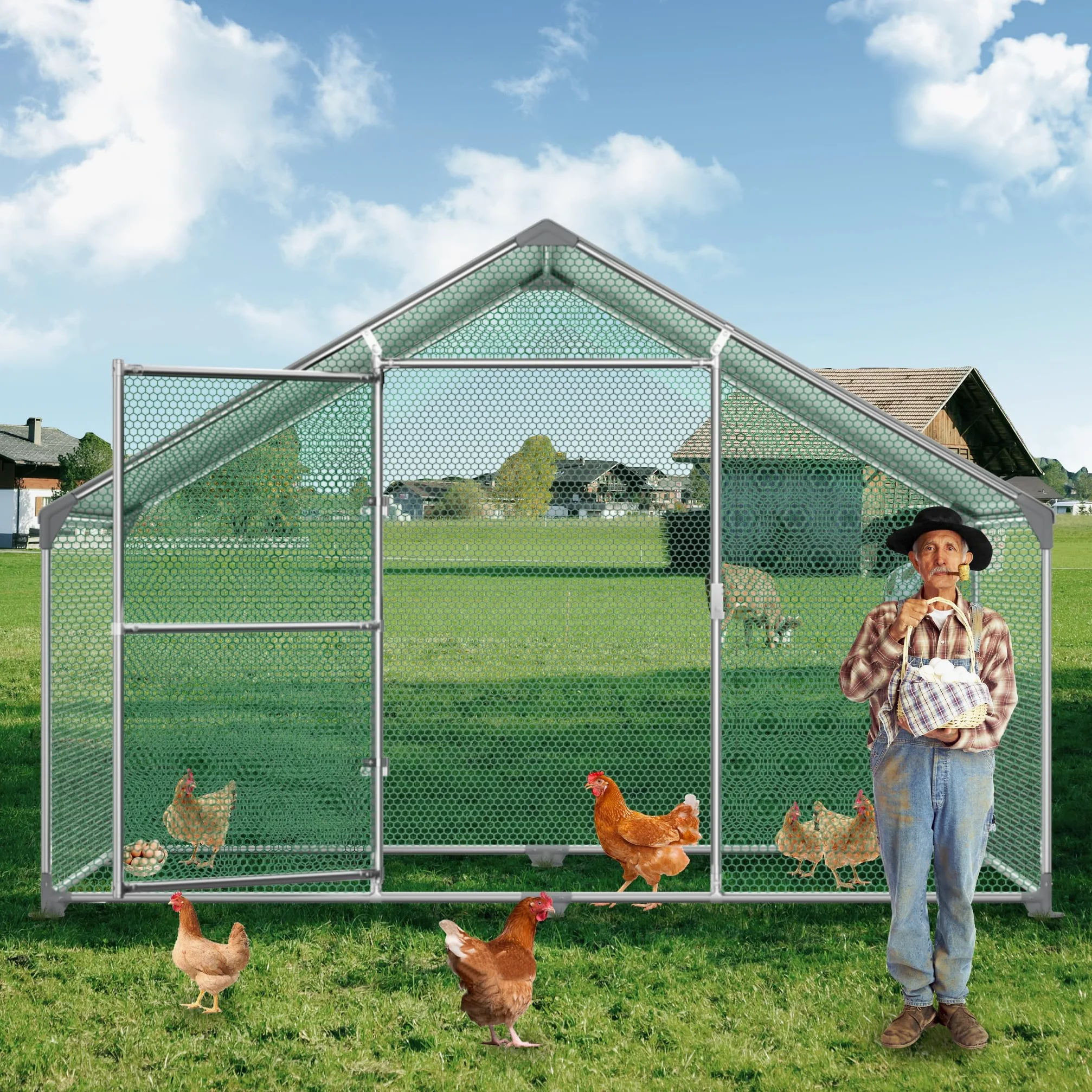 Froadp Pollai e Gabbie in Acciaio Zincato per Galline Uccelli da Esterno Gabbia con PE Tetto Parasole e Lucchetto Grande Recinto di Pollo Voliera per Animali Conigli Polli Cucce (3x2x2m, 6㎡)