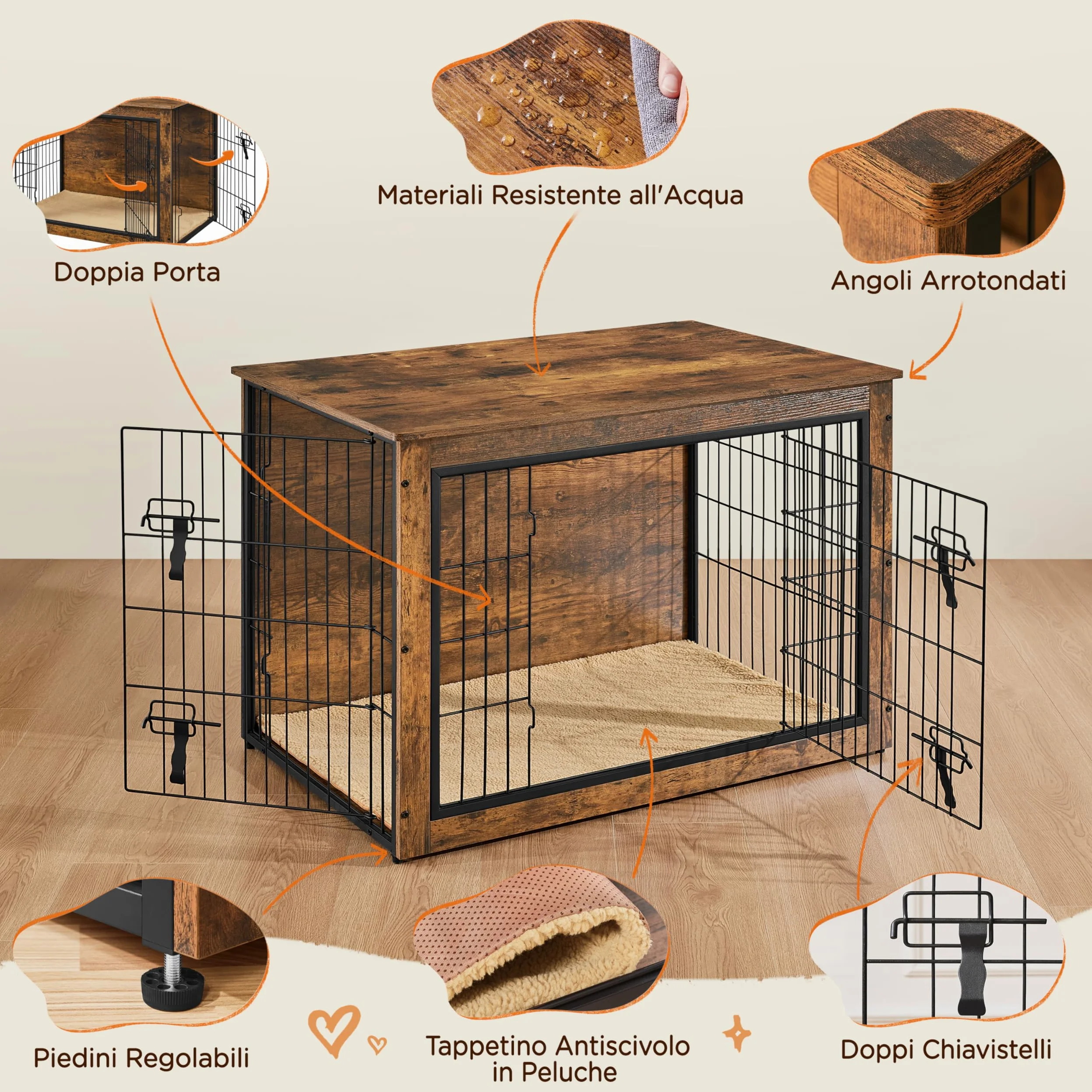 Yaheetech Gabbia per Cani Kennel Tavolino Armadietto con Doppie Porte Gatti a Rete in Legno da Interno (Marrone Rustico, 96 x 65 x 67,5 cm)