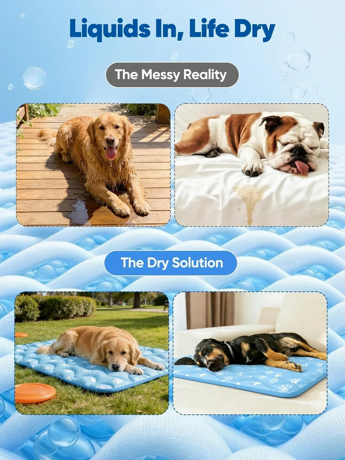Rywell Tappetino rinfrescante per cani e gatti, 110 x 80 cm, traspirante, cambia colore e auto-rinfrescante, coperta antiscivolo e lavabile per viaggi, blu ghiaccio