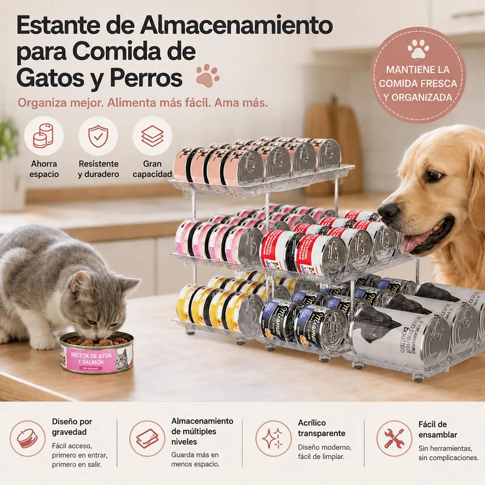 Organizzatore per Lattine e Barattoli da Conserva per Dispensa – Distributore a 3 Livelli Impilabile per Armadio Cucina e Frigo – Sistema di Conservazione Regolabile per Conserve, Bibite e