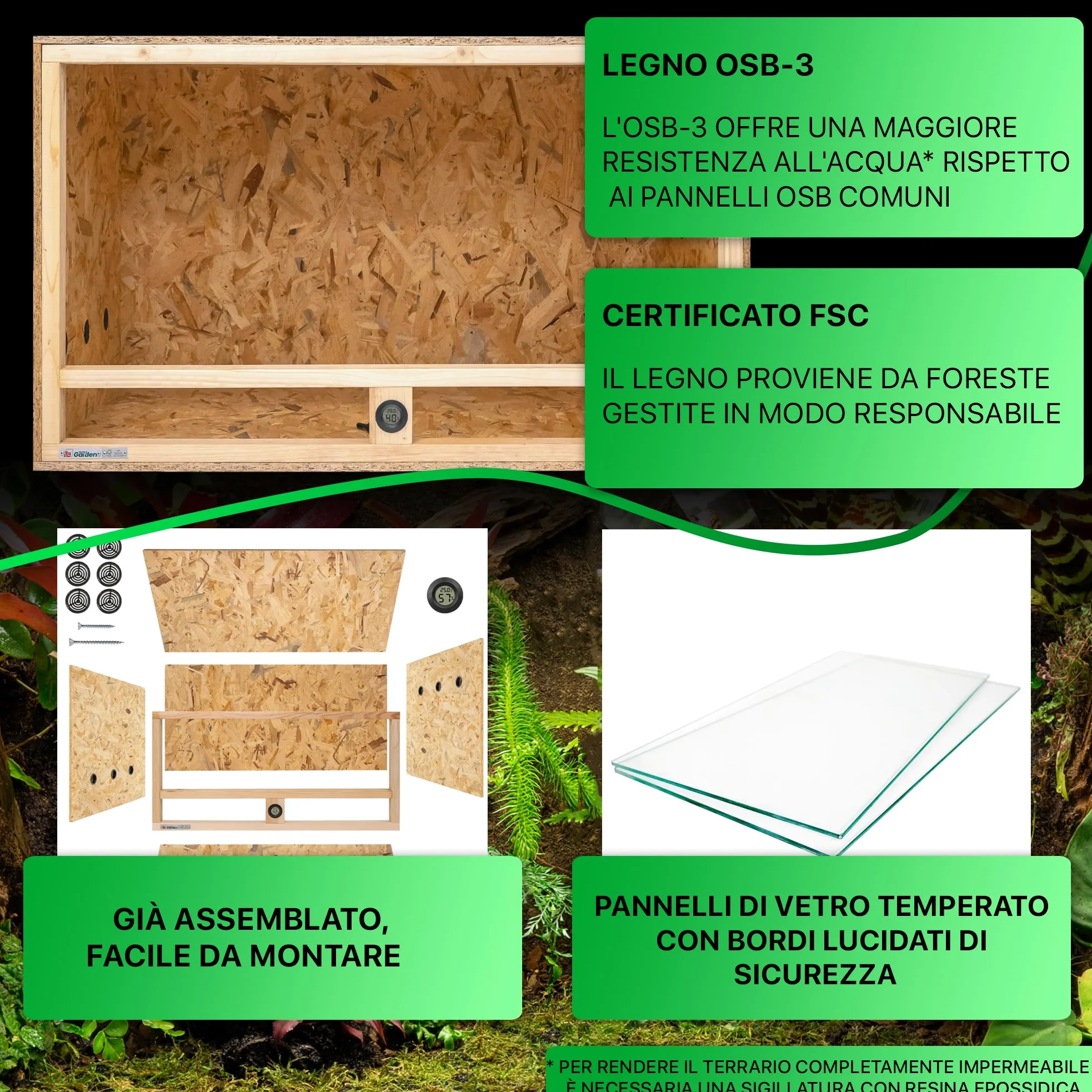 ITA Terrario in legno 80x40x40 cm con ventilazione laterale e igrometro integrato - Terrario in legno OSB-3 - Per rettili, serpenti, anfibi - Prodotto UE, certificato FSC