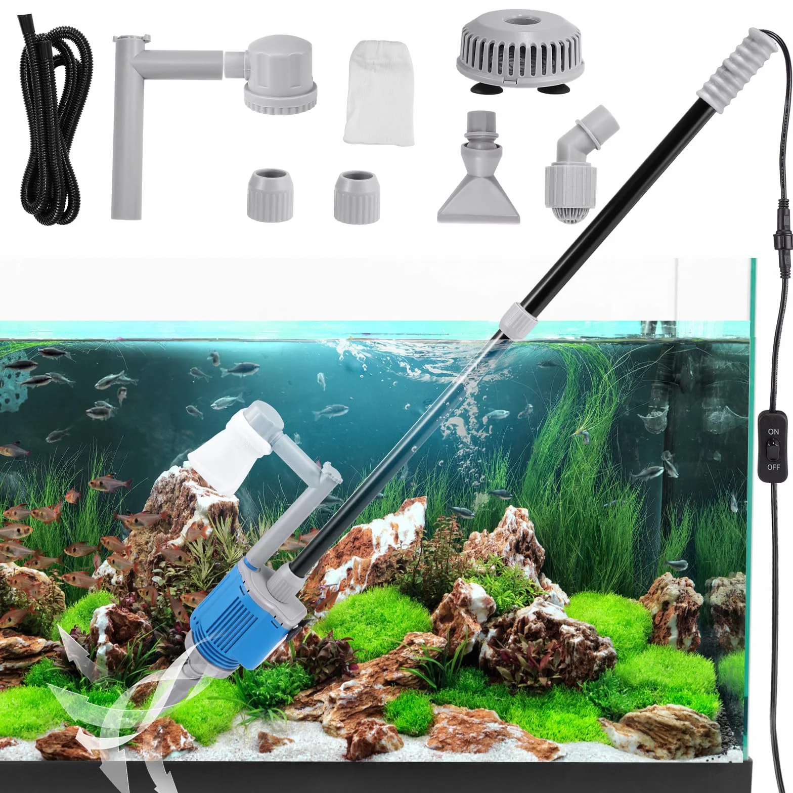 Pulizia di ghiaia per acquario 6 in 1 Kit, aspirapolvere elettrico per acquario cambio acqua Lavatrice di sabbia per acquari pulizia alghe/ghiaia