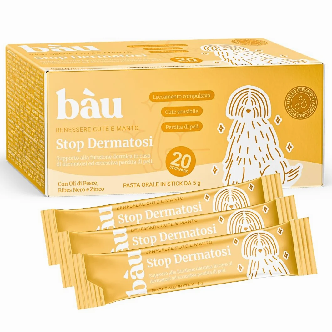 Bau Dermatite Cane e Prurito in Pasta – Stop Dermatosi Integratore Pelle e Mantello – per Perdita Pelo, Cute Irritata e Forfora – Supporto Funzione Dermica in Stick Appetibili