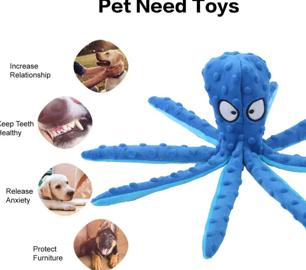 USB Squeak Dog Toy Octopus-No fill plissettato peluche per cani, cucciolo giocattolo, resistente giocattolo interattivo per masticare cani dinosauro, cani piccoli, medi e grandi (4 colori)-blue