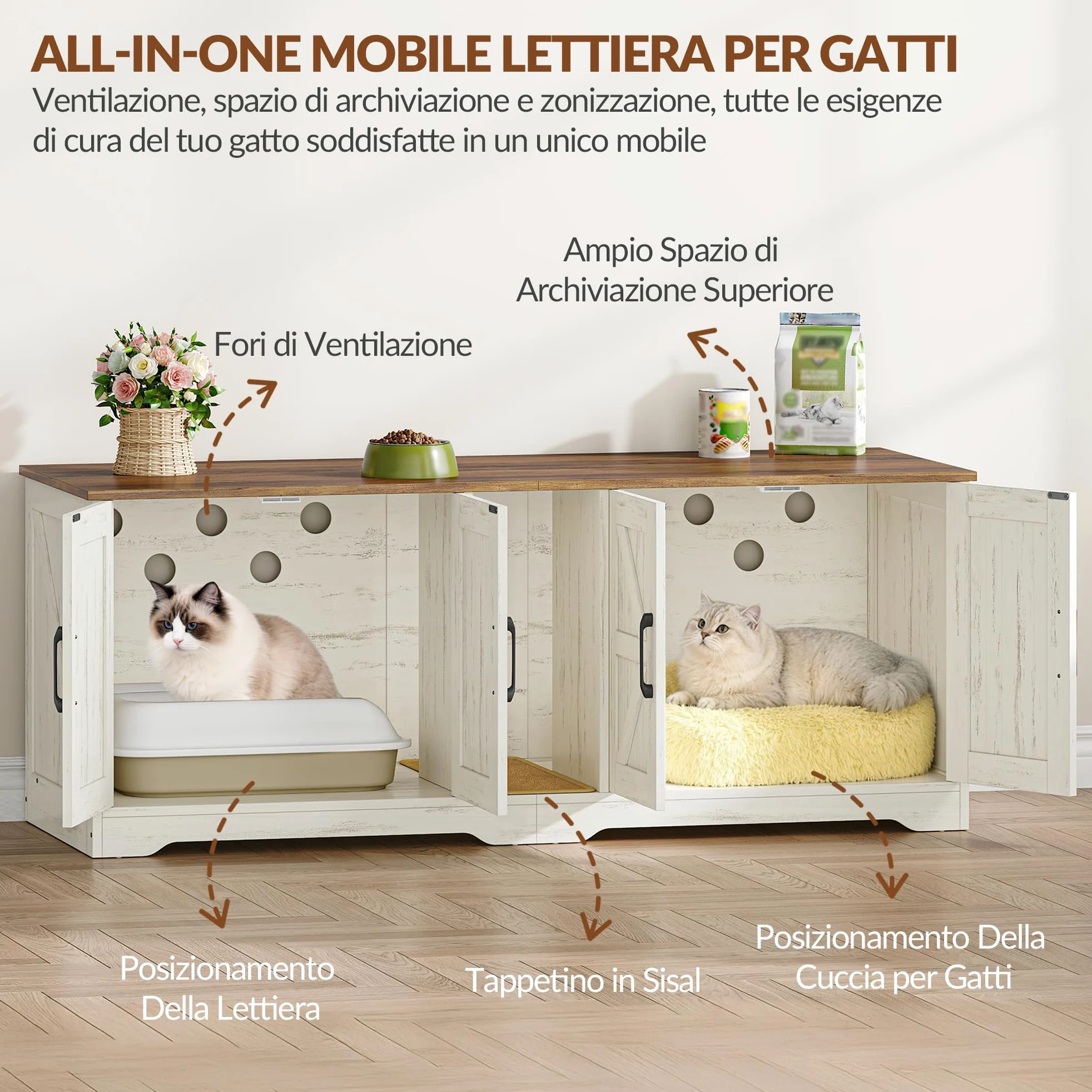 Mobile Lettiera per Gatti per 2 Gatti, Mobiletto per Lettiera Nascosta, Cuccia per Gatto da Interno, Legno Tavolino Laterale con Tappetino Graffiante, 140 x 50 x 55 cm, Marrone e Bianco