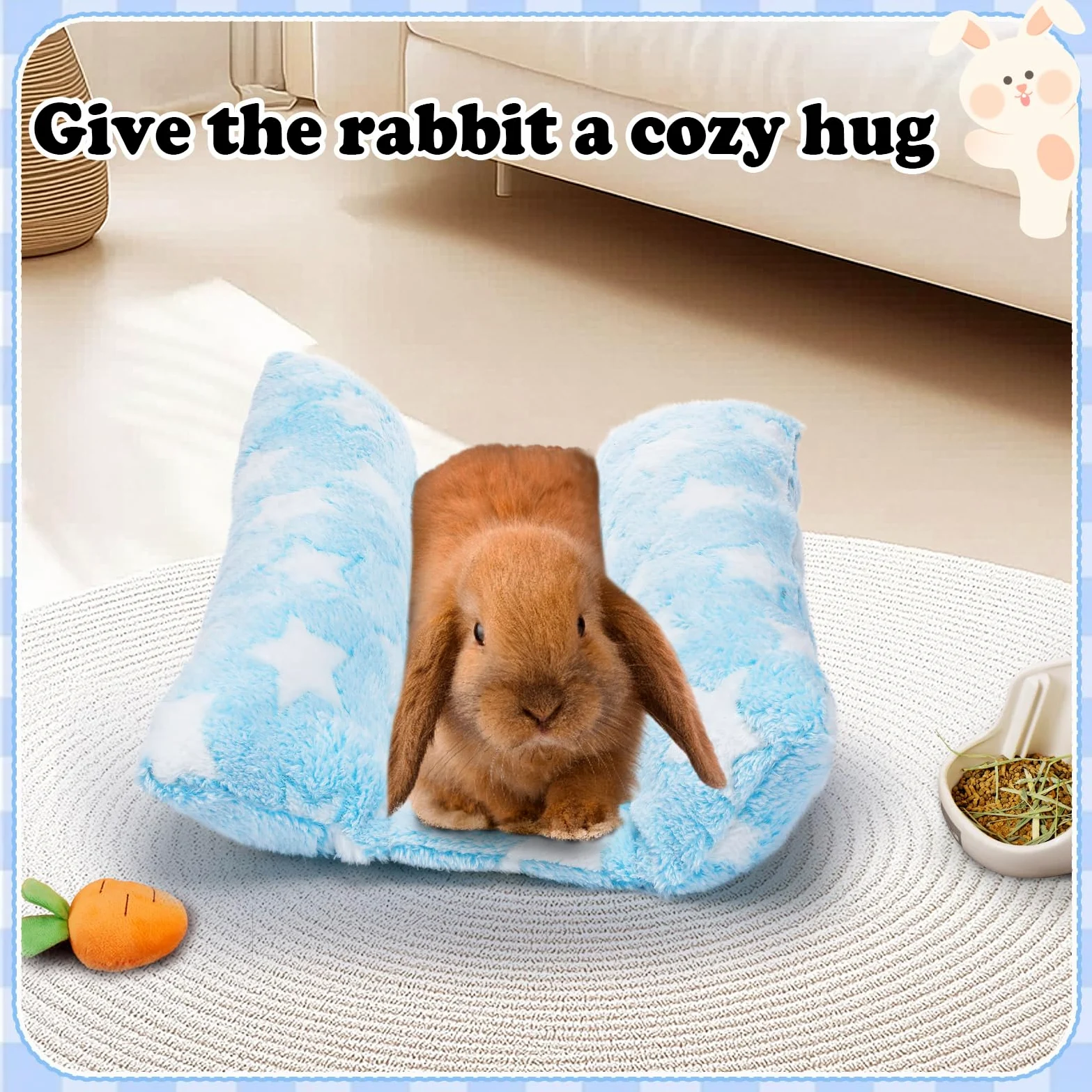 MEWTOGO Letto per coniglio, 30 x 35 cm, morbido letto concavo addensato, cuscino in peluche con cuscini in cotone per dormire in gabbia, idea regalo per coniglietti al coperto, celeste con stelle
