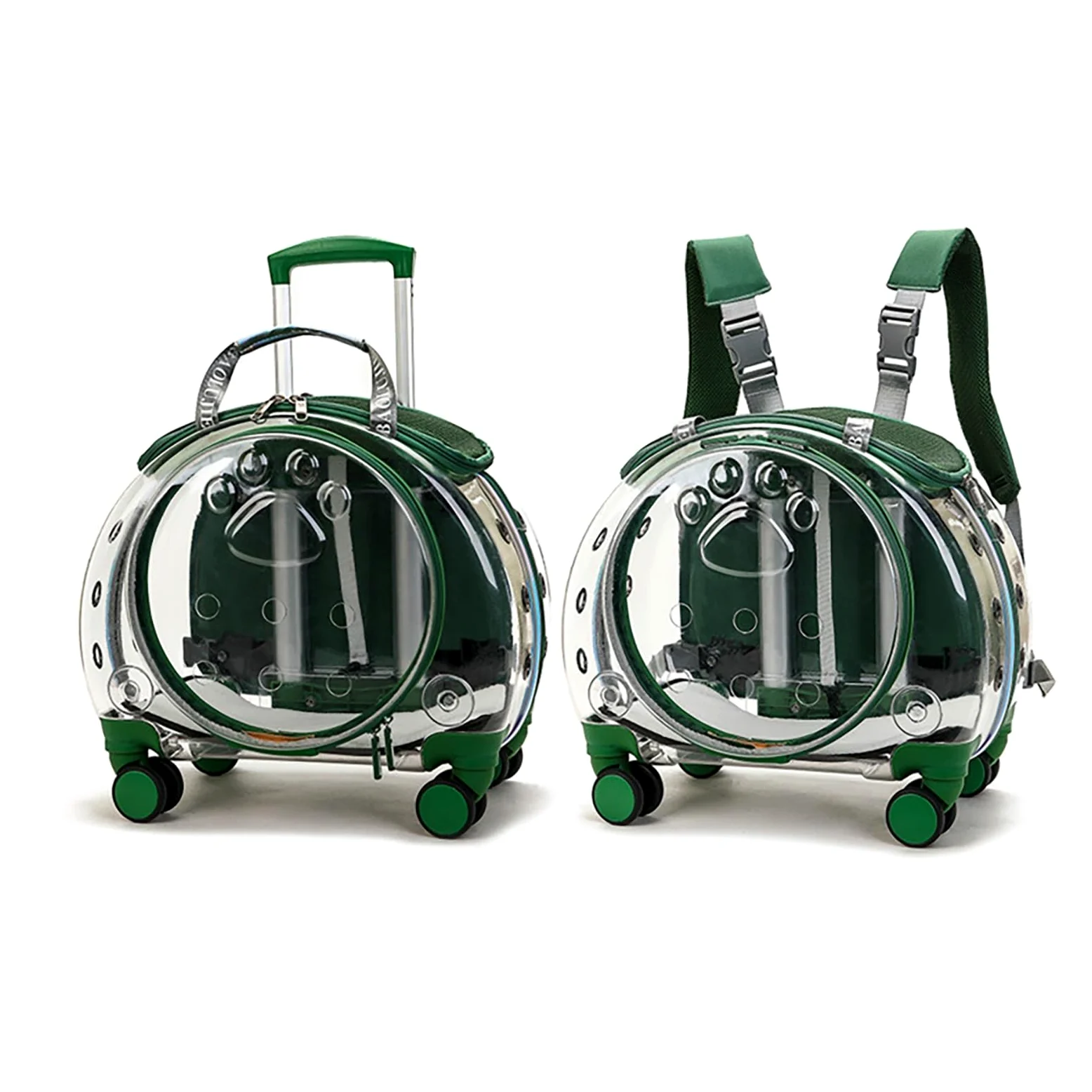 Trasportino per Gatti con Ruote – Zaino Trolley Rigido Trasparente e Traspirante per Gatti e Cani fino a 10 kg, Ruote Silenziose a 360°, Spallacci Rimovibili e Schienale Ventilato(Green)