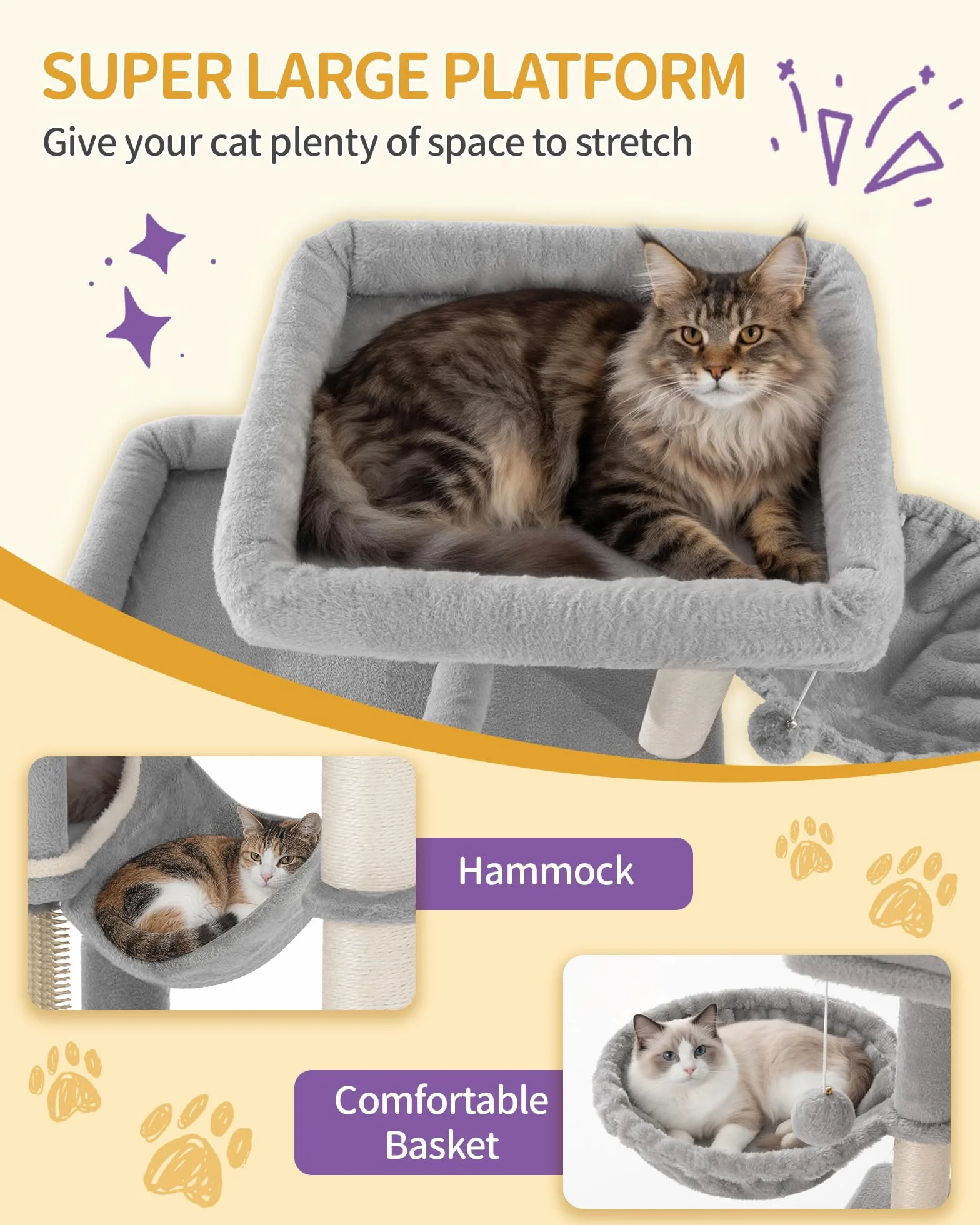 Hzuaneri Albero Tiragraffi Grande per Gatti, Torre per Gatti da Interno 213 cm con 2 Piattaforme XL, 2 Grotte, 10 Pali in Sisal, 2 Amache e Massaggiatore, per Maine Coon, Grigio Chiaro, MS21418LG