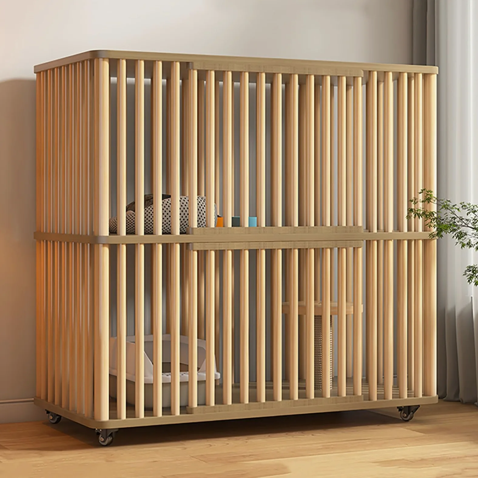 Grande Gabbia per Gatti in Legno a 2 Livelli per Interni - Spaziosa Cuccia per Gatti per 1-3 Gatti con 2 Porte - Recinto Ideale per Piccoli Animali Domestici (112x56x106 cm)