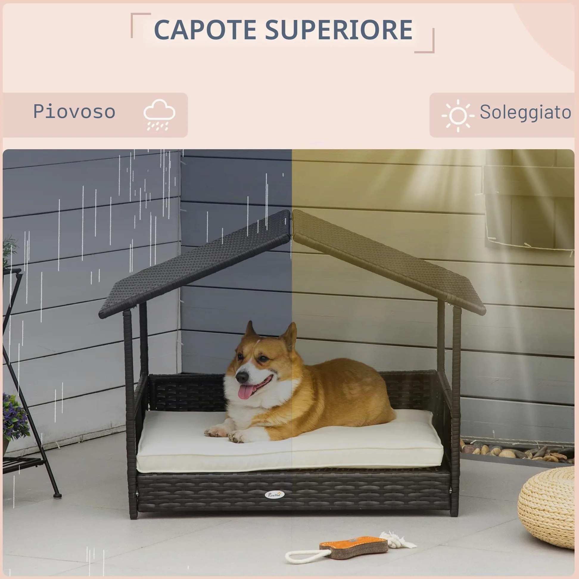 Pawhut Cuccia per cani con cuscino, letto per cani a forma di casa, casa per esterni, telaio in acciaio, PP Rattan, nero, 95 x 69 x 70 cm