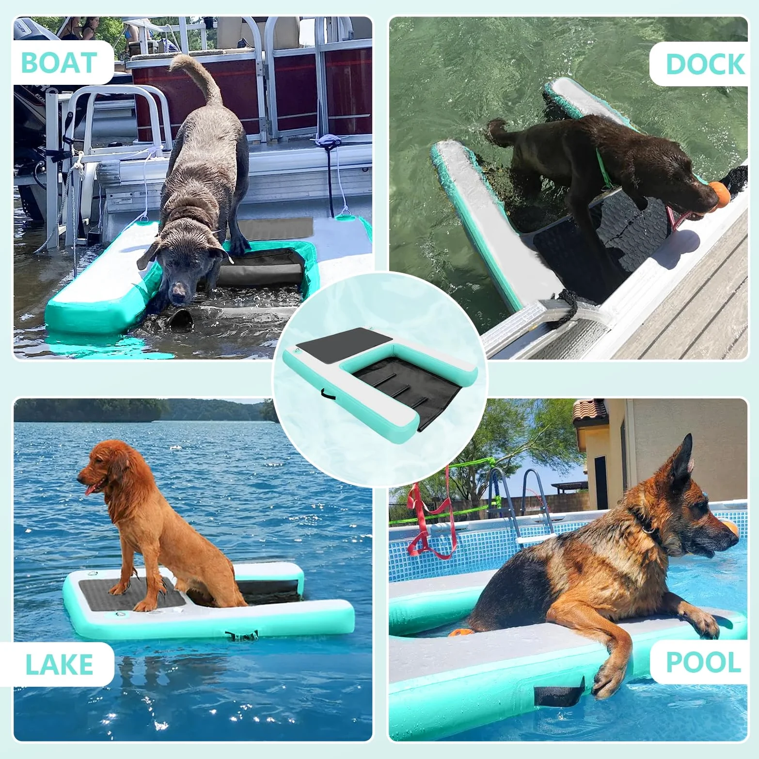 Rampa Gonfiabile per Cani da Barca, Rampa d'Acqua per Cani di Grossa Taglia fino a 200 libbre (90,7 kg), Galleggiante in PVC Antiscivolo con Scala Zattera d'Acqua per Animali per Piscina, Molo