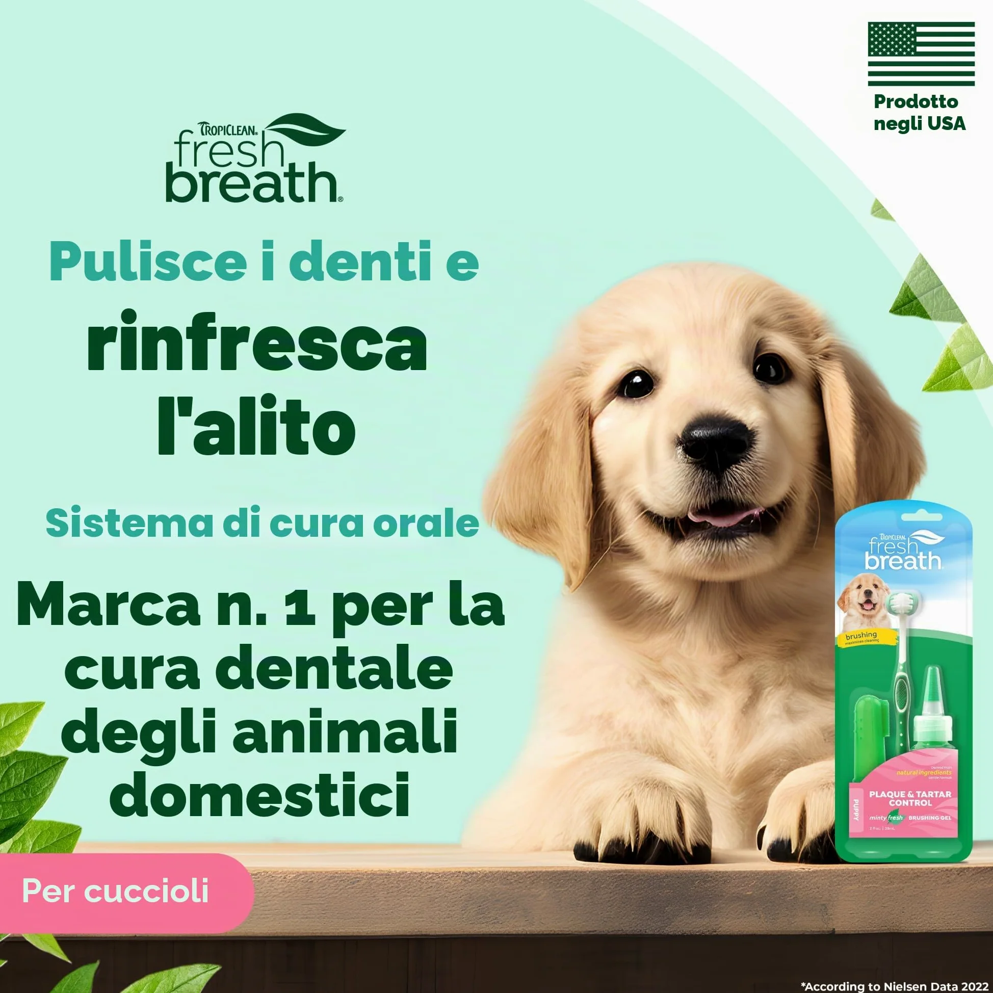 TropiClean Fresh Breath Puppy, kit per l'igiene orale, deodorante per l'alito, kit completo di spazzolini da denti per cani per cuccioli, aiuta a rimuovere placca e tartaro, per cuccioli, 59 ml (la confezione può variare)