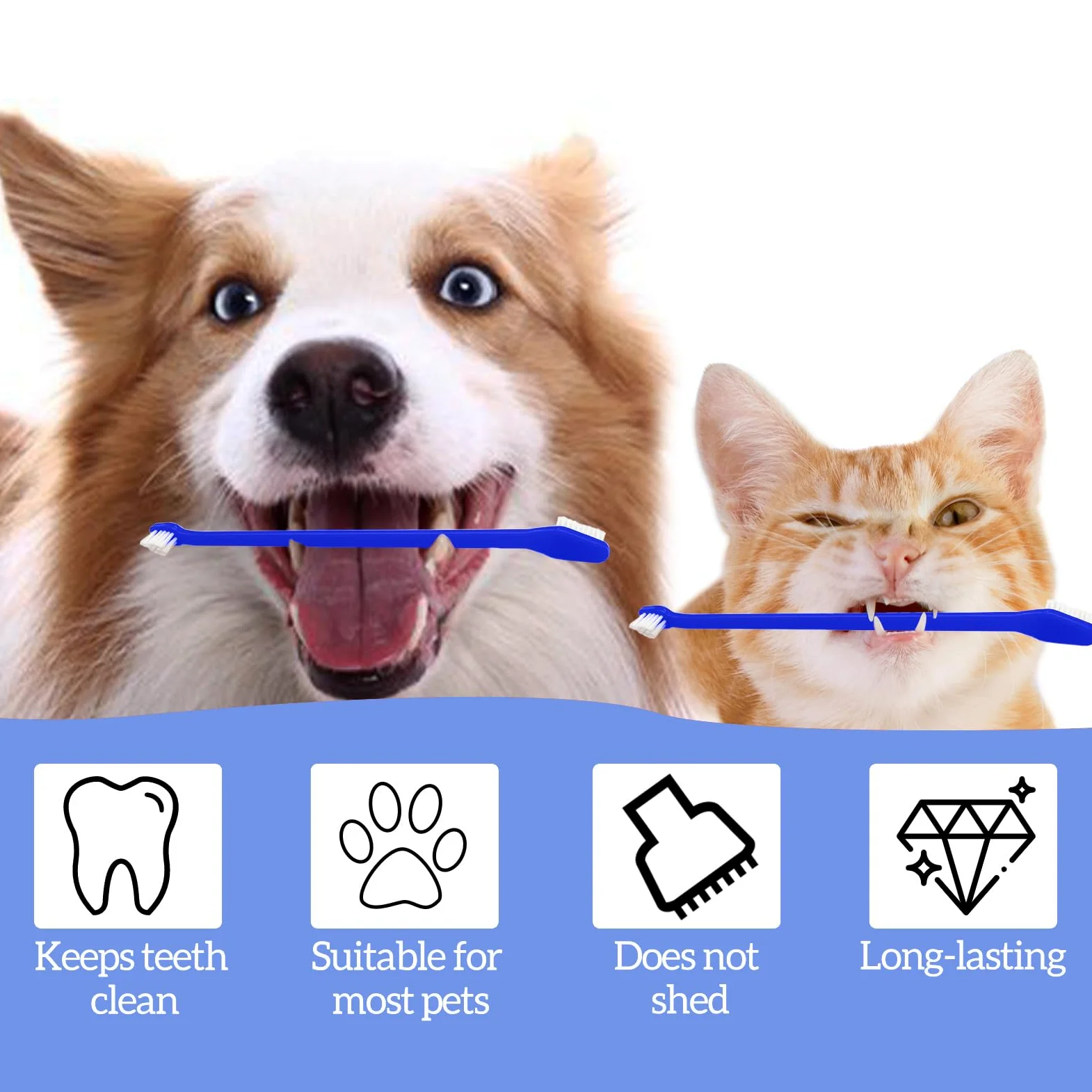 Spazzolino da denti a doppia testa per cani, con manico lungo, morbido, per animali domestici, 100 pezzi, comodo spazzolino da denti per animali domestici e cuccioli, accessori per la pulizia