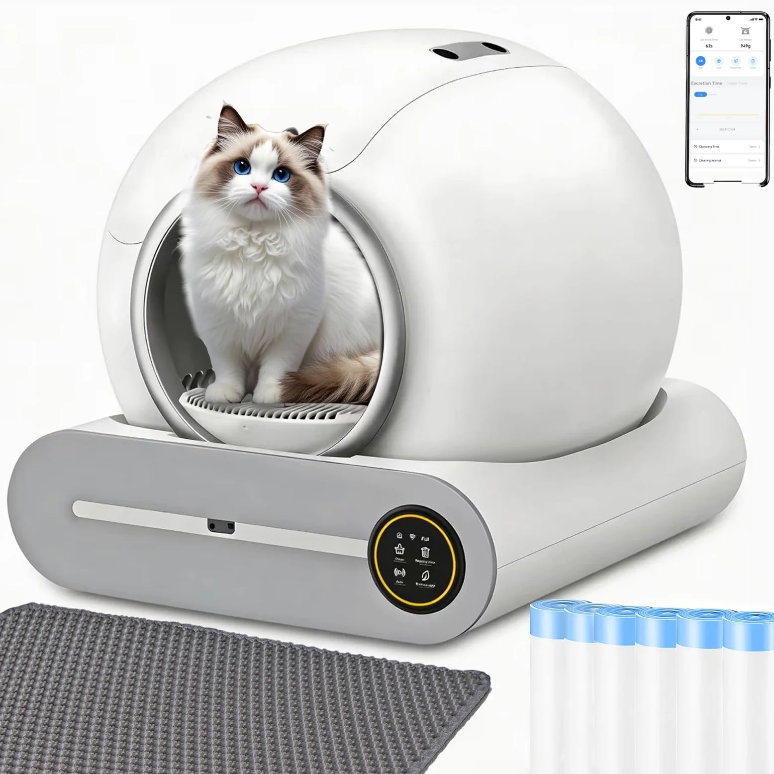 Lettiera Autopulente Per Gatti xxl 74L Lettiera Gatto Autopulente Automatica, Deodorante Ionico, Smart Health Monitor, Comando APP con tappetino e Sacchetti(Bianco A)