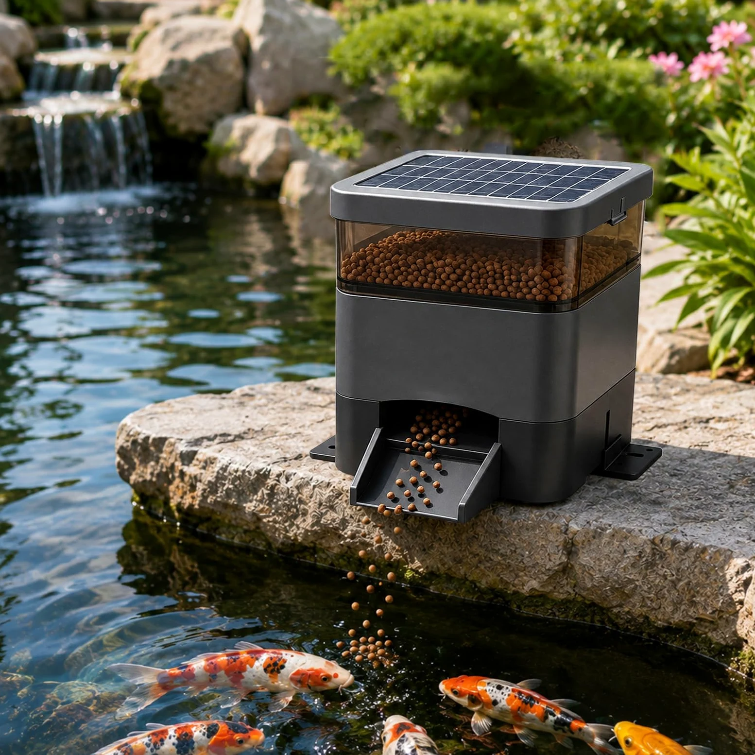 Dispensatore Automatico di Cibo per Pesci ad Energia Solare, capacità 4L(10L), Timer Regolabile, Mangiatoia per Koi da Esterno a Prova di umidità, per Laghetto per Koi e Acquario Black-4L