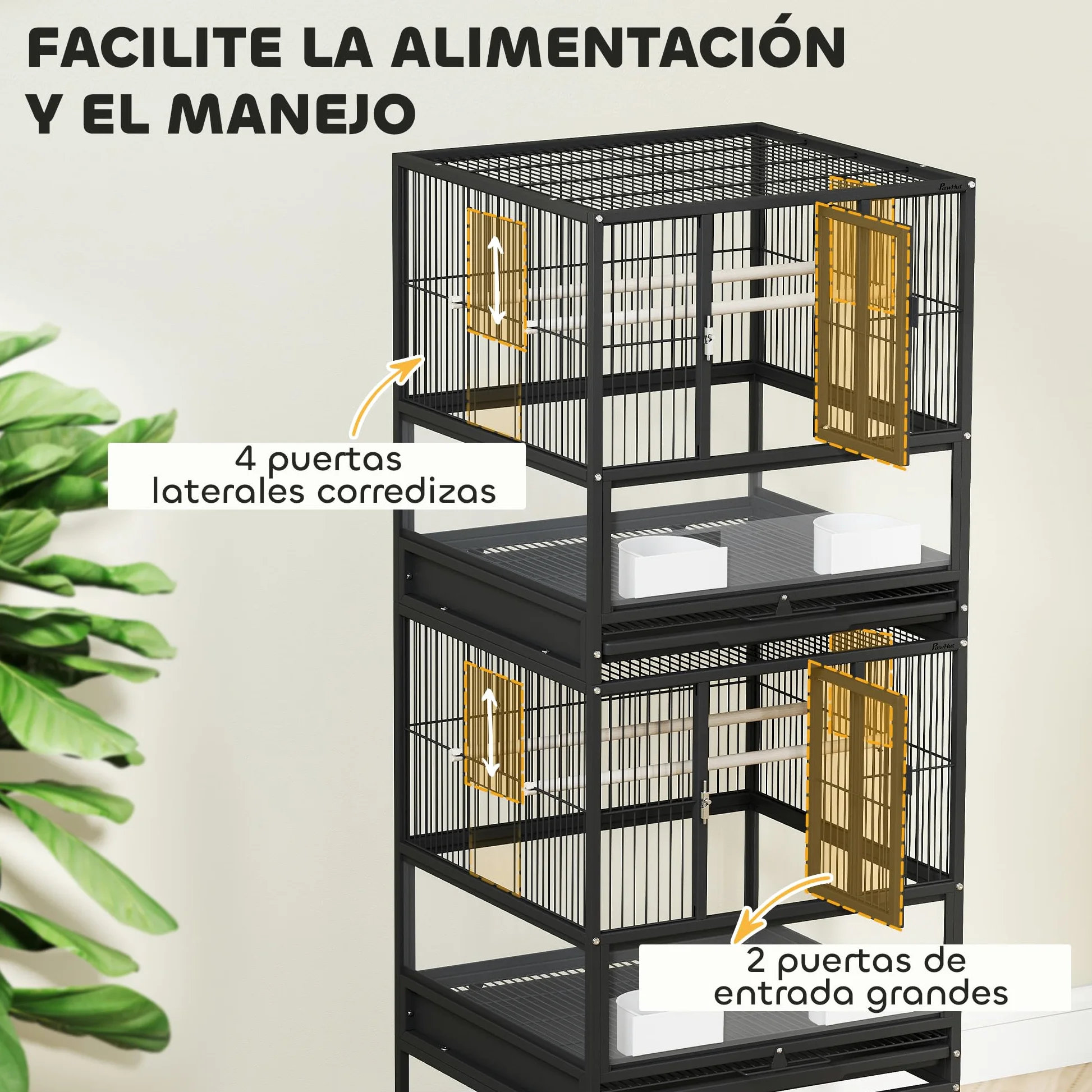 Pawhut Gabbia per uccelli grande gabbia a 2 livelli con ruote pannelli acrilici mangiatoie appendiabiti scaffale vassoi estraibili voliera per pappagalli Canarini 48 x 46 x 134,5 cm nero