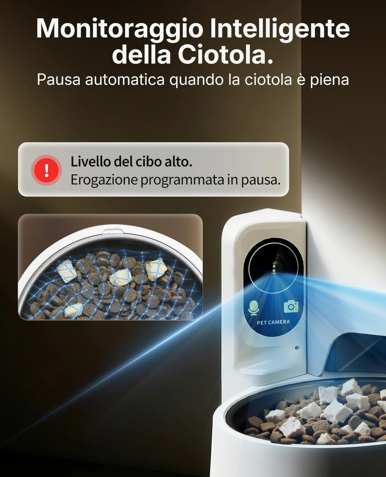 PETKIT YumShare Solo 2 Distributore Automatico di Cibo per Gatti con Telecamera HD 1080p, Riconoscimento Multiplo Gatti, Funzioni AI, Wi-Fi 2.4/5 GHz, Capacità 3L, Ciotola in Acciaio Inossidabile