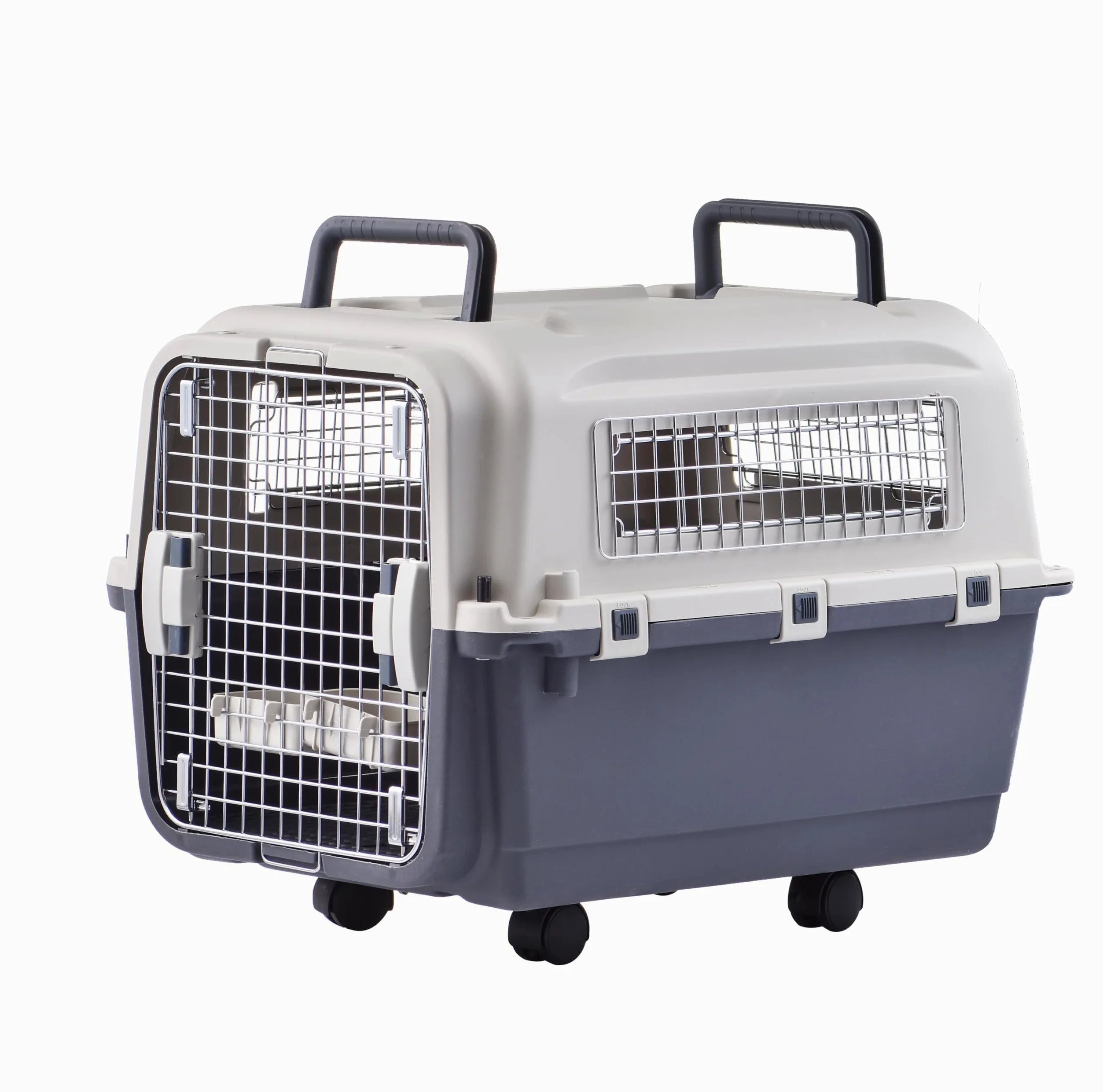 Lanco - Trasportino per cani di taglia grande in plastica portatile e traspirante. Per cani da compagnia. Materiale resistente. Misure 80x56x65 cm. Due maniglie. Colore grigio e bianco.