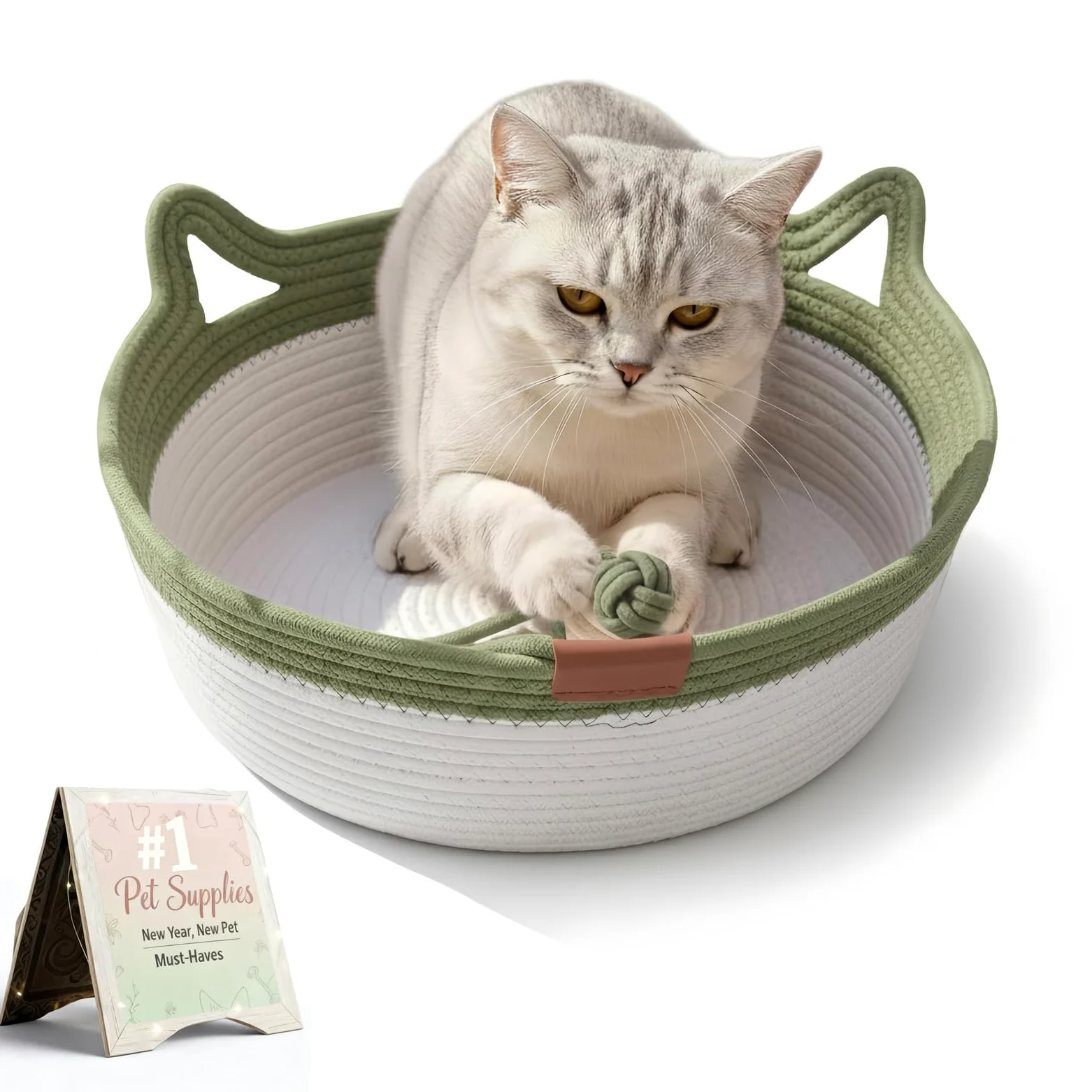 Instinct Basket per gatti, letto arricchito a mano in corda di cotone con coda giocattolo attaccata, nido interattivo antigraffio per animali domestici, presenta pareti flessibili per combattere la