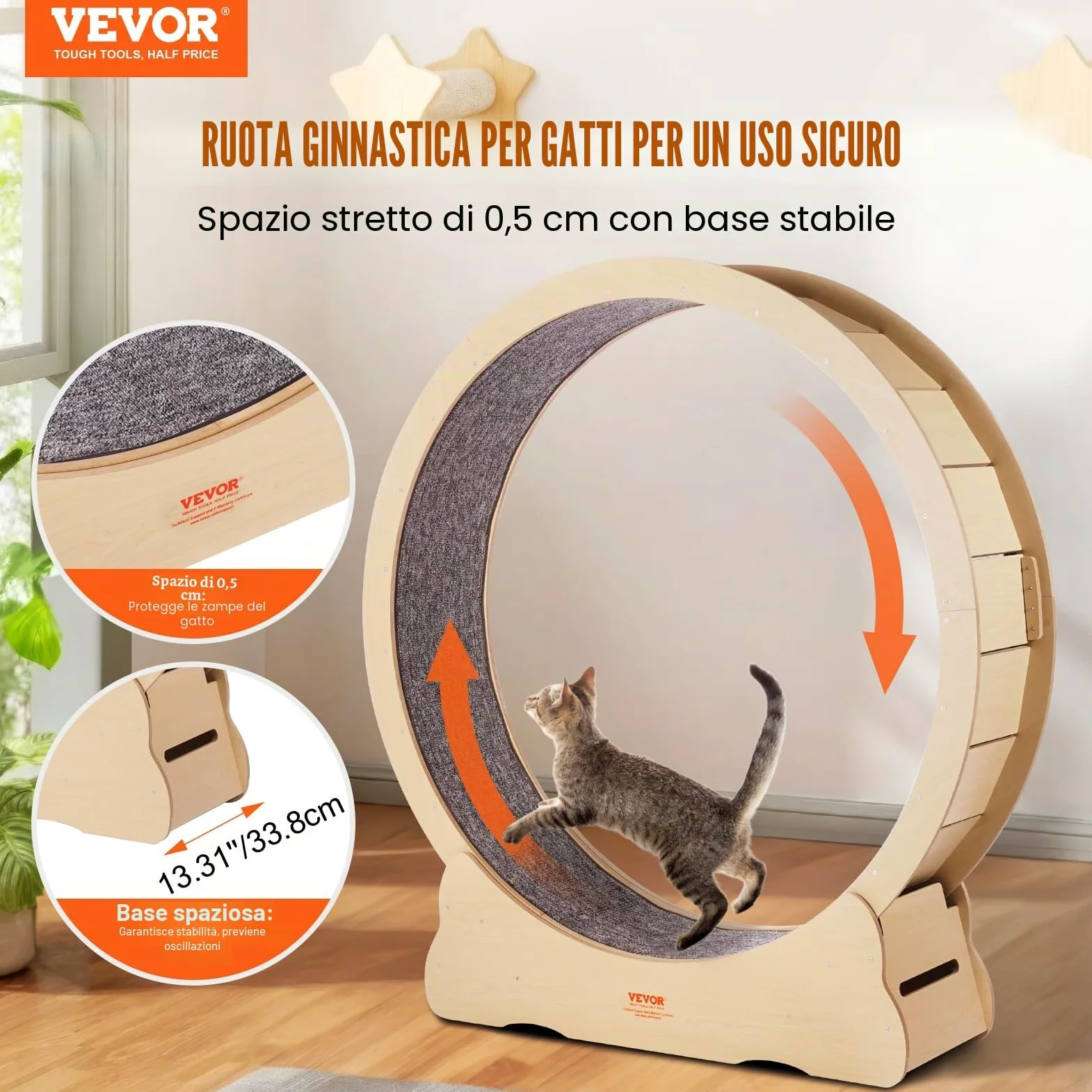 VEVOR Cyclette per gatto in Legno, Tapis Roulant Diametro 1320 mm, Ruota per Esercizi con Tappeto Rimovibile per gatto