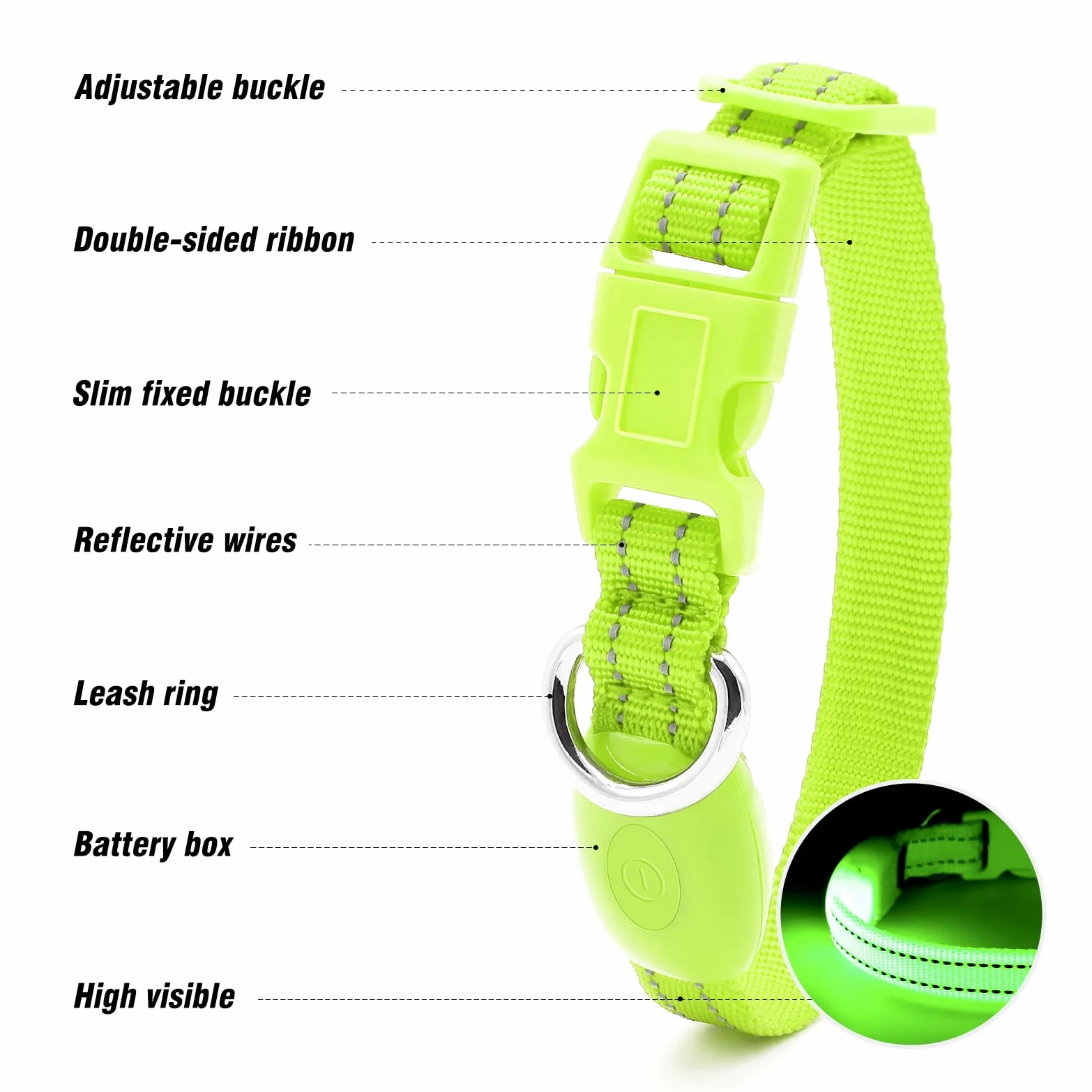 Visinite Collare luminoso per cani di piccole dimensioni, collare LED ricaricabile, completamente regolabile, collare luminoso al buio con luci per cani per passeggiare di notte, verde