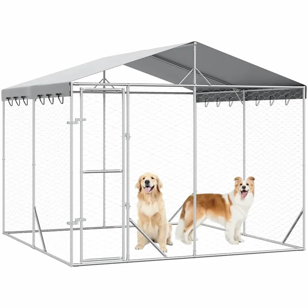 Cuccia per cani con tetto argentato, 3 x 3 x 2,5 m, per cuccioli | Ampio spazio per piccoli animali in giardino: robusta recinzione in rete metallica con tetto parasole in PE e porta