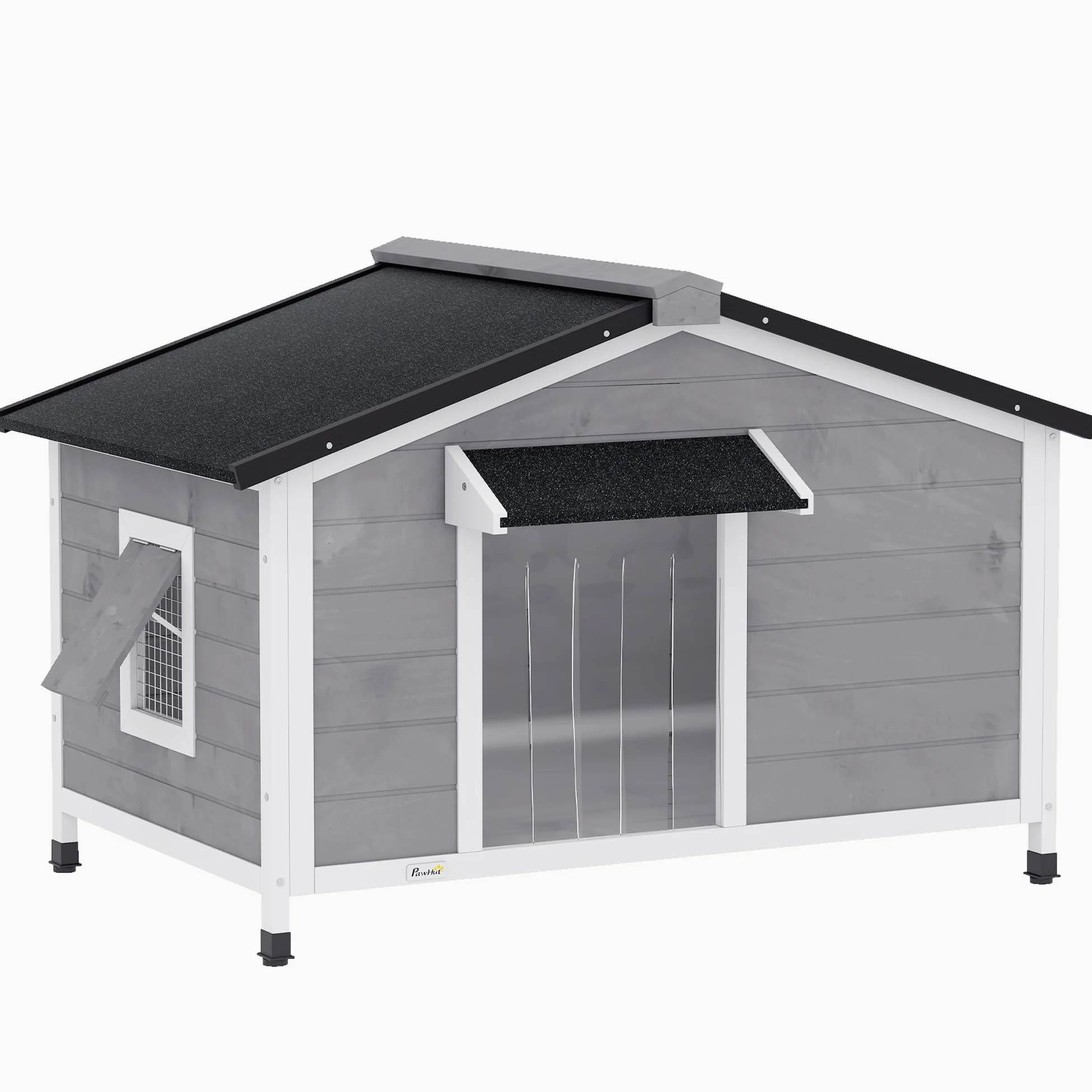 PawHut Casetta per Cani Taglia Piccola e Media in Legno di Abete, Design Rialzato con Tenda Protettiva, 2 Finestre e Fondo Rimovibile, 109x79x72 cm