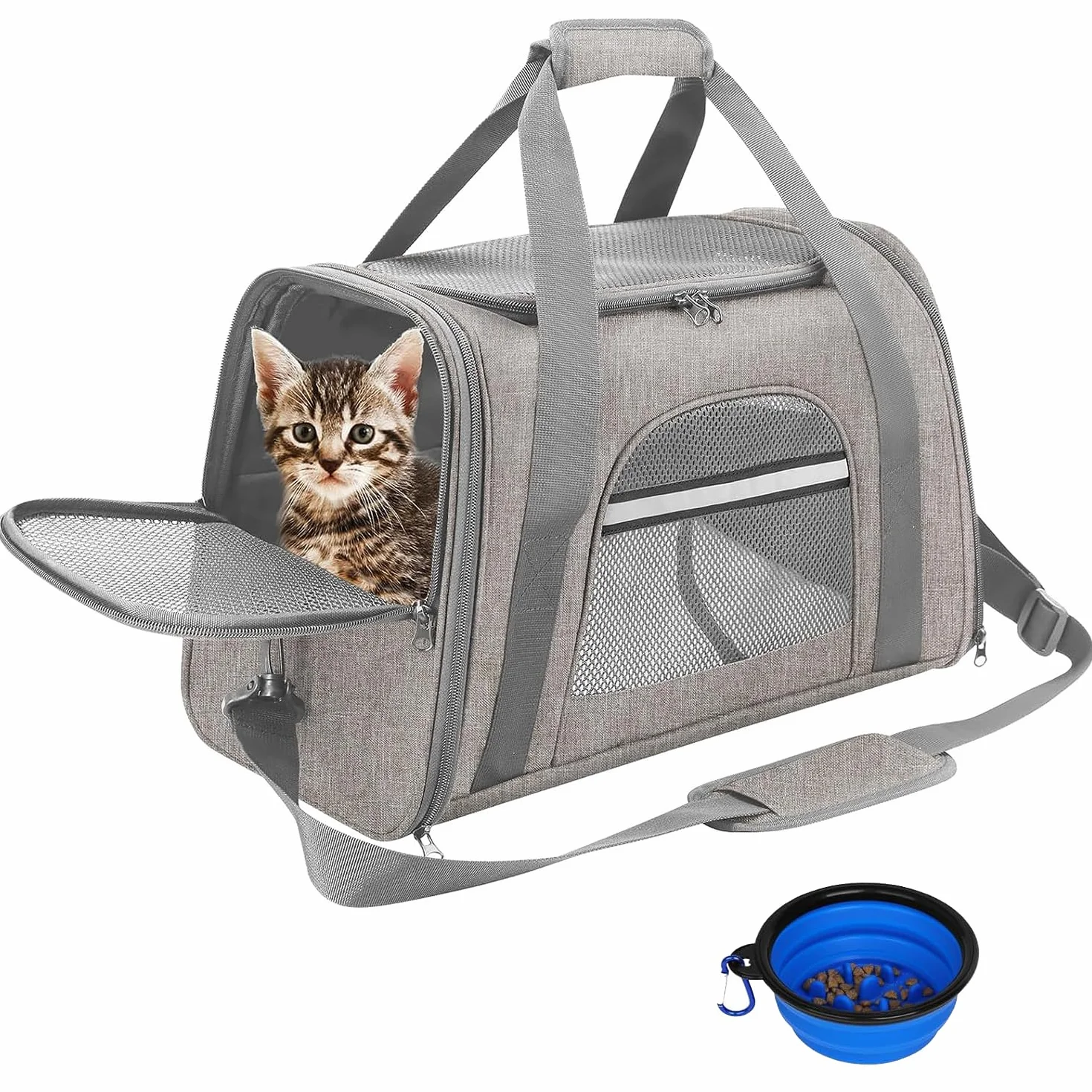 Trasportino per Cani e Gatti Scatola pieghevole per Animali Borsa per Cani Gabbietta Morbida per Animali Domestici Trasportino Pieghevole Traspirante con Ciotola Portatile e Cuscino Morbido (Gris)