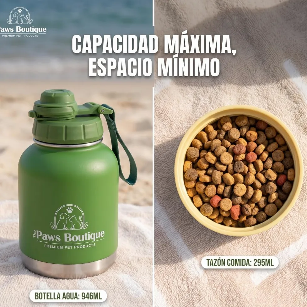 Borraccia per cani 3 in 1: abbeveratoio portatile in acciaio inox 950 ml, scomparto per cibo e ciotola extra rimovibile, a prova di perdite, senza BPA, ideale per viaggi e passeggiate