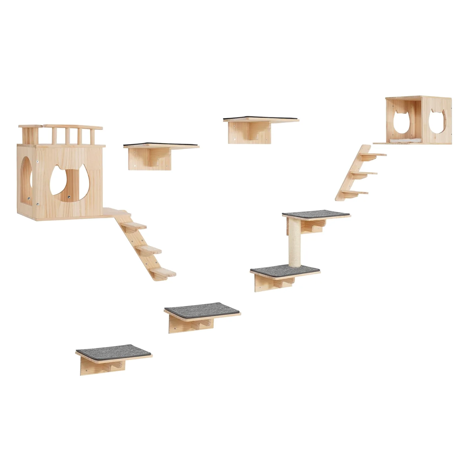 VEVOR Mensole da Parete per Gatti Set da 9, Posatoi Montati a Parete per Gatti con Trampolini, Cucce per gatti, Amache, Set di Mobili da Parete per Gatti Fino a 18,14 kg per Dormire, Arrampicarsi