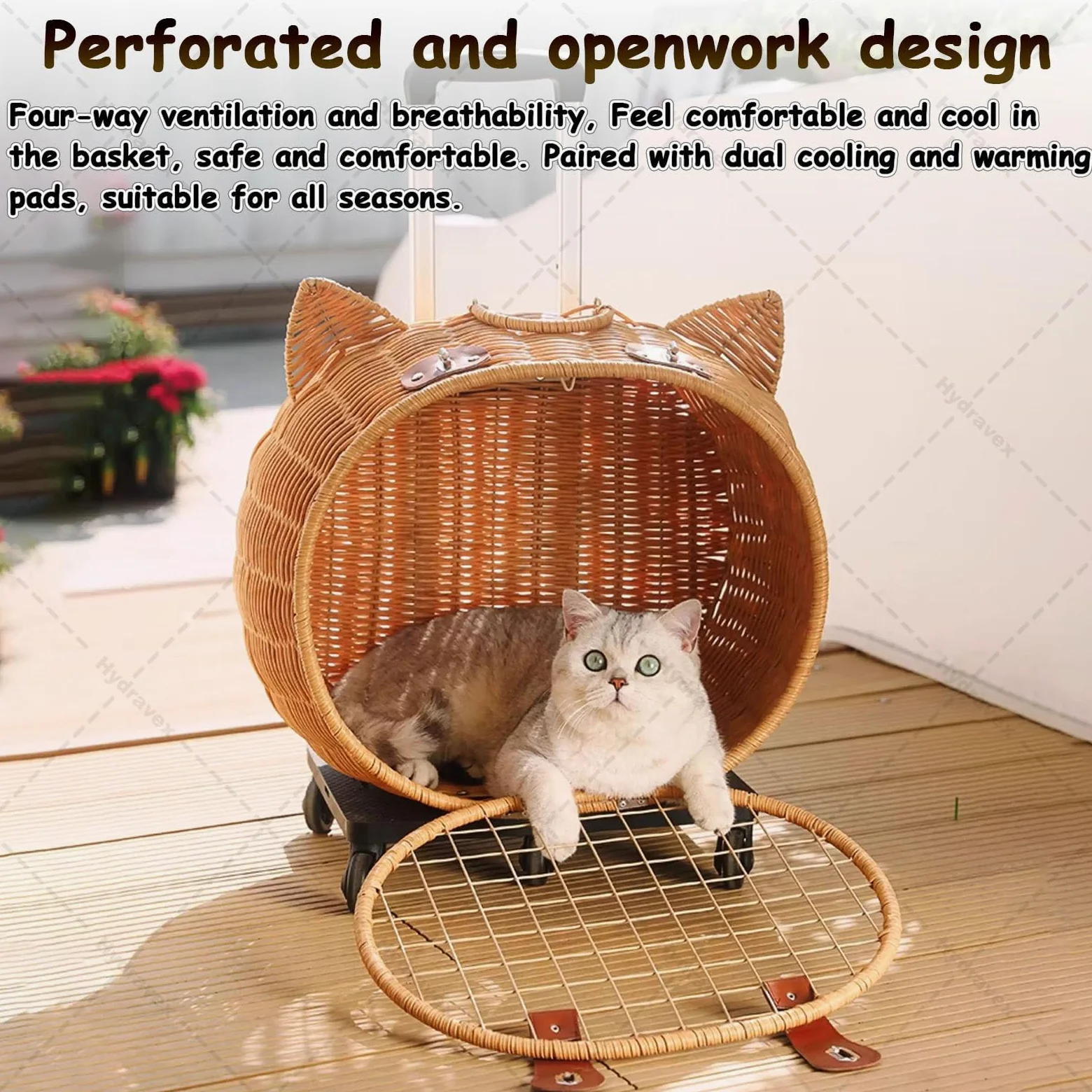 Passeggino per gatti in stile retrò, in rattan, con ruote e manico telescopico, ideale per viaggi, passeggiate e visite veterinarie