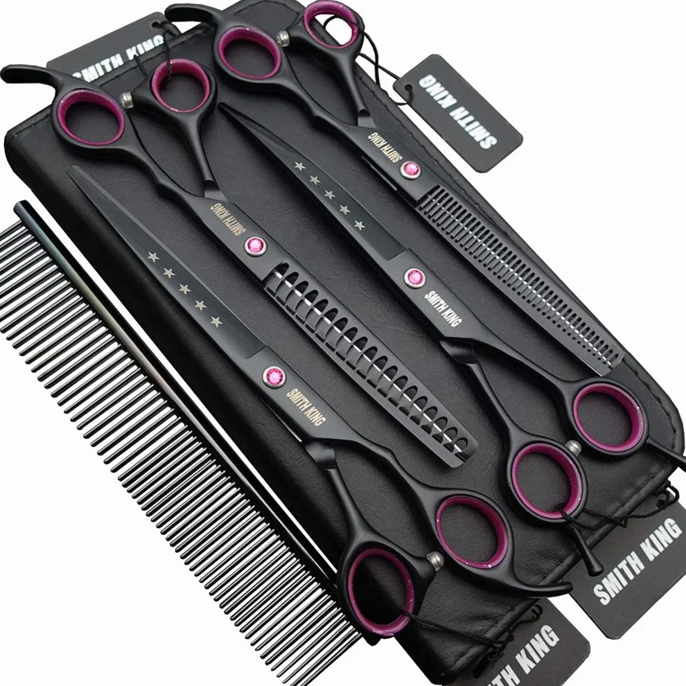 Set di Forbici Professionali per Toelettatura Cani - 17,8 cm, 4 Pezzi: Dritte, Sfoltitrici, Curve, Chunker Con Pettine
