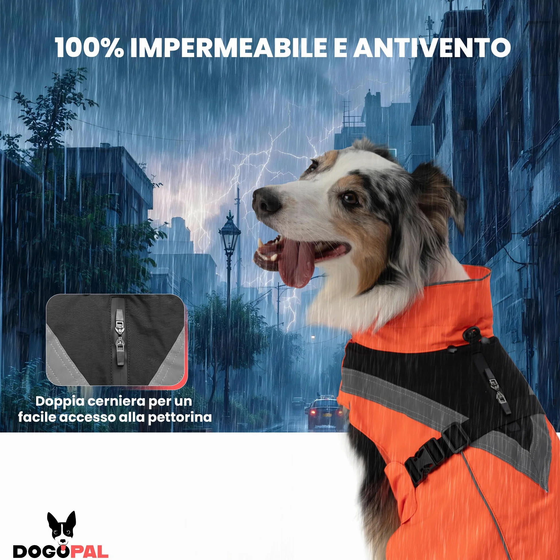 DOGOPAL Cappotto Impermeabile per Cani 2in1 All Weather – Mantello Antipioggia 100% Waterproof e Antivento con Fodera in Pile Rimovibile, Catarifrangente ad Alta Visibilità (Arancione, L)