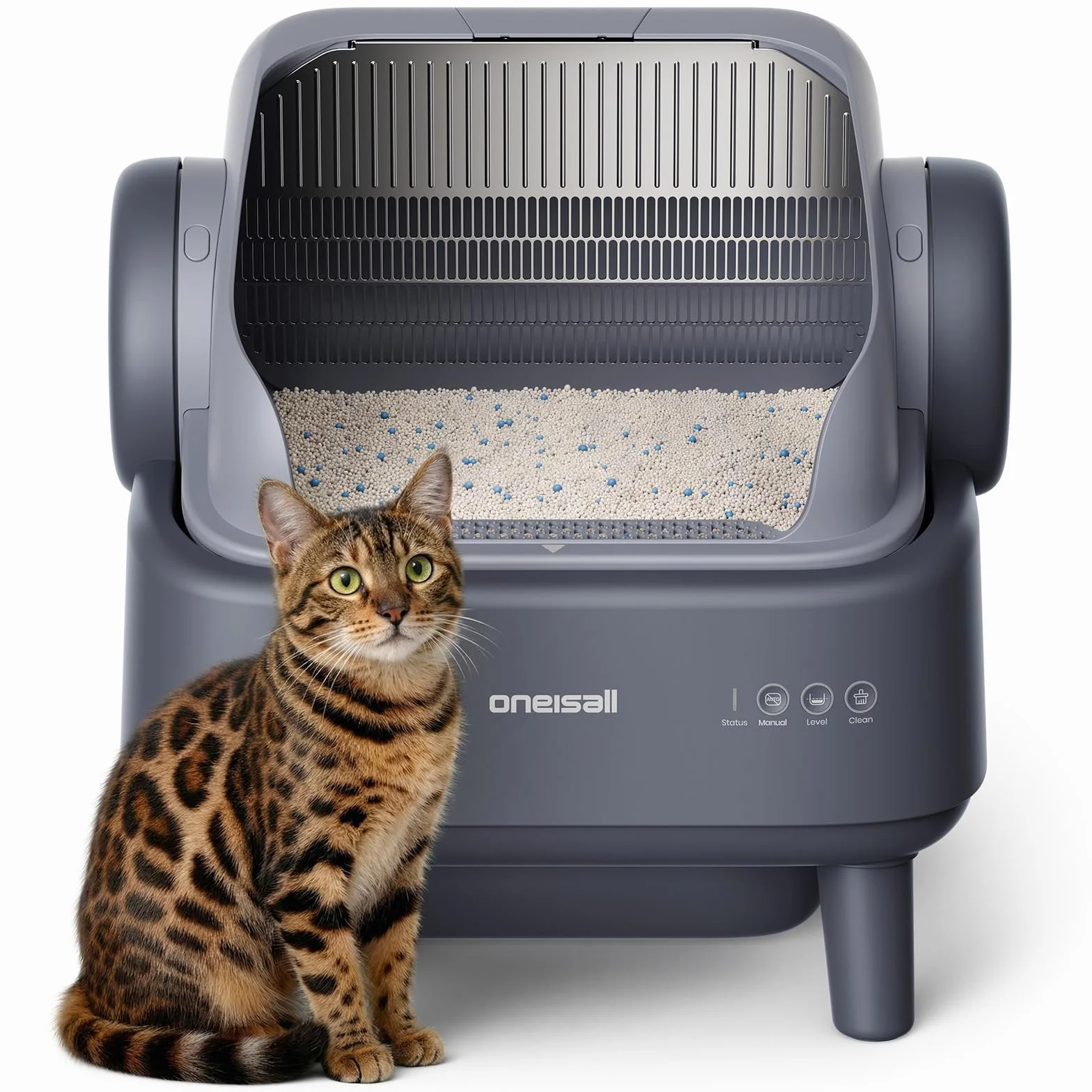 oneisall Lettiera Gatto Autopulentecon sistema EaseClean™, Lettiera Autopulente per Gatti XXL per gatti grandi, griglia in acciaio inox, modalità automatica e manuale, incl. Tappetino e 40 Sacchetti