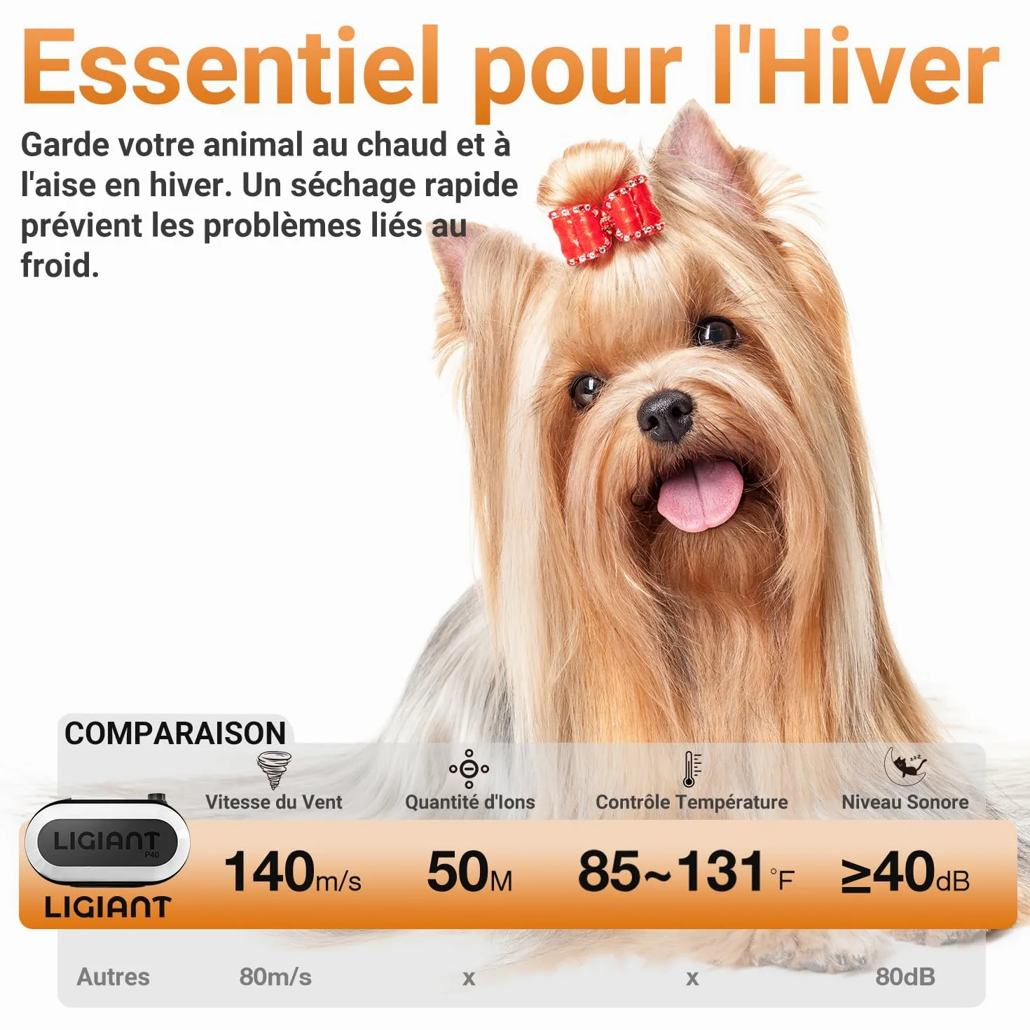 LIGIANT P40 Asciugacapelli per Cani Blower, Ultra Silenzioso (40 Db modalità Gatto), 3 Bocchette in 1, velocità & Temperatura Regolabili, Tecnologia a Ioni Negativi, Compatto e per Cani e Gatti