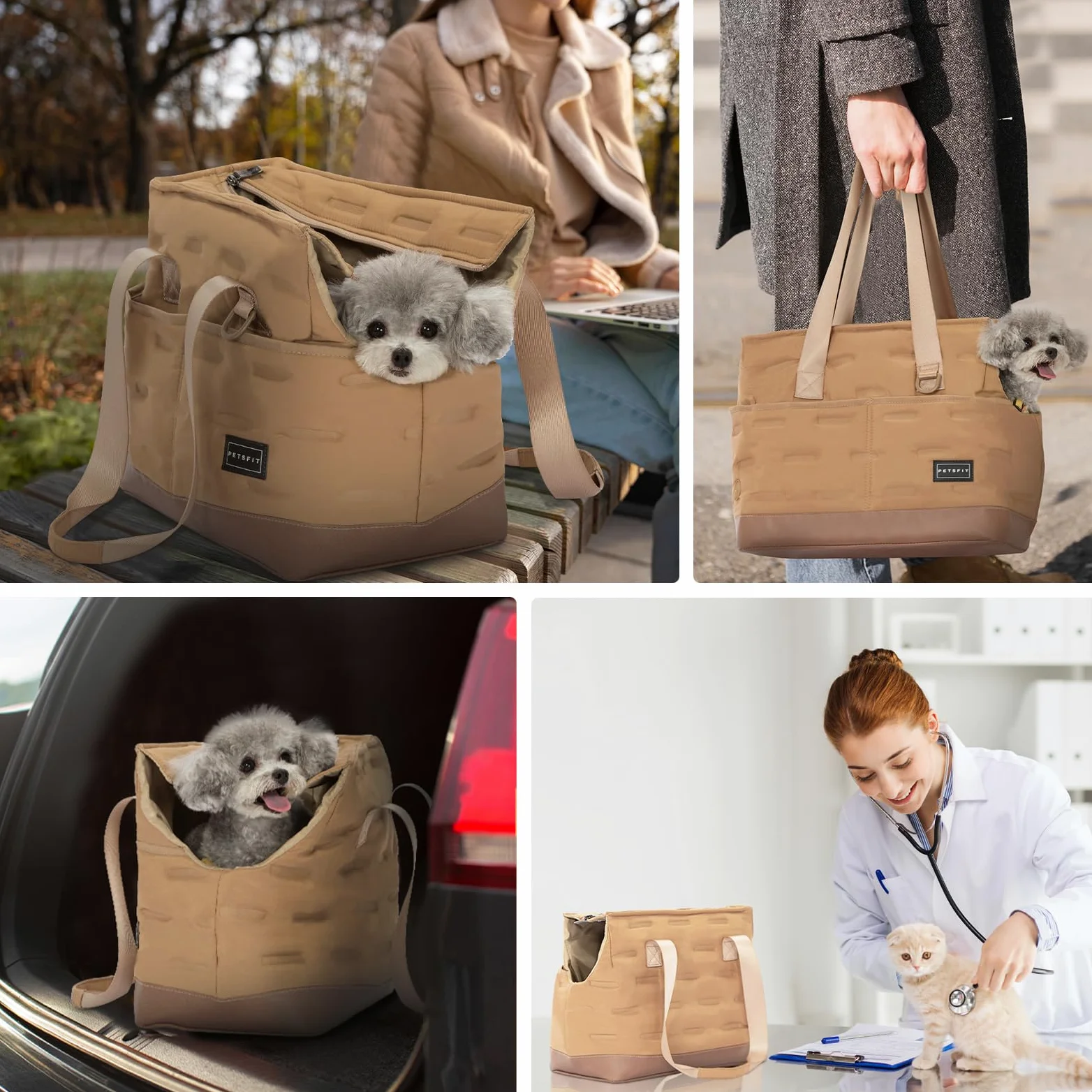 Petsfit Borsa per cani, guinzaglio di sicurezza regolabile, trasportino per animali domestici portatile, con tasche, fondo in TPU impermeabile, cachi