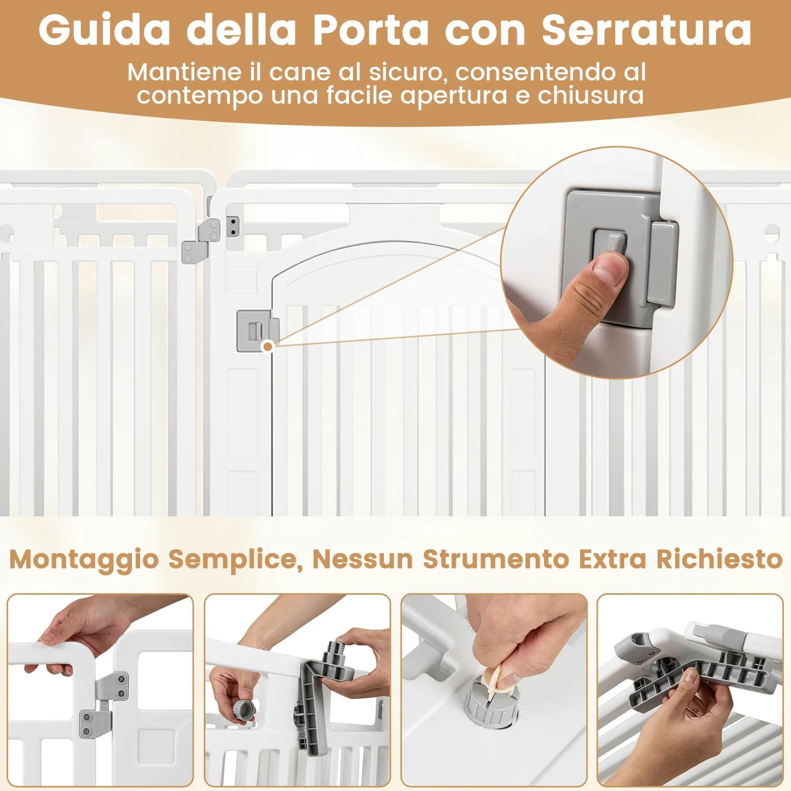 COSTWAY Pannello in Plastica per Cani a 8 Pannelli, Recinzione Portatile per Animali Domestici, Cancello Pieghevole con Porta di Sicurezza con Serratura per Cani, Recinto Pieghevole, 192 x 65 x 80 cm