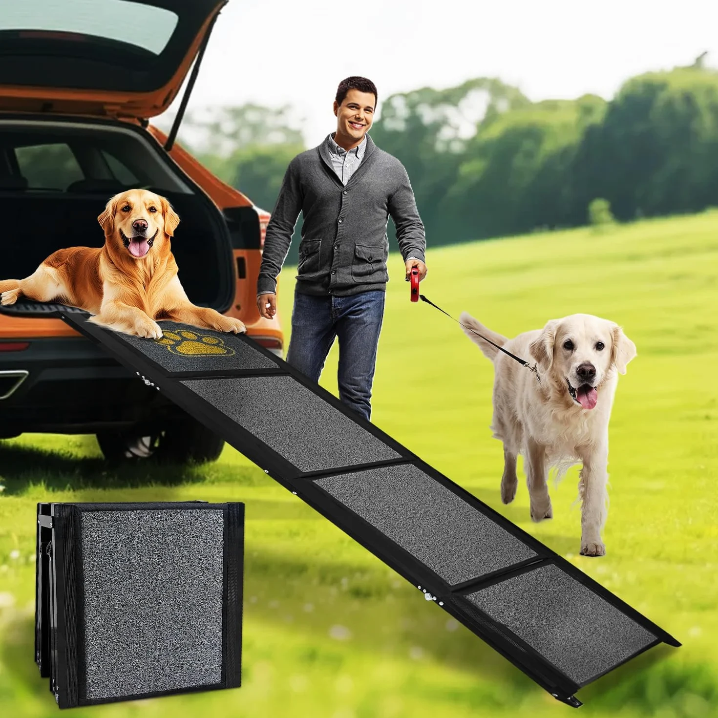 Rampa per cani da auto, pieghevole, 170 x 44 cm, colore grigio, con superficie antiscivolo, fino a 70 kg, leggera in alluminio, per auto, camion, SUV e scale all'aperto