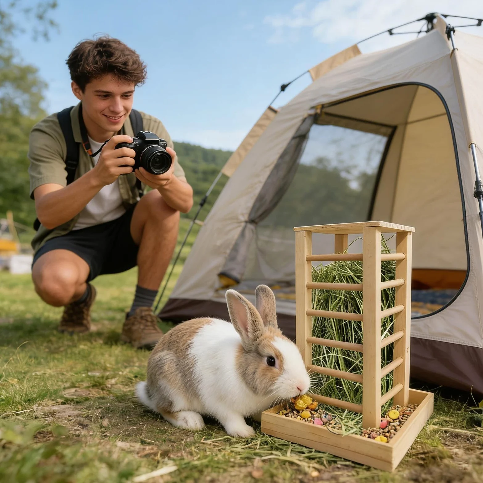 Mangiatoia per fieno per conigli, in legno, per piccoli animali, con ganci per appenderlo, design robusto masticabile, mantiene fresco, ideale per conigli, furetti, scoiattoli, cincillà, criceti