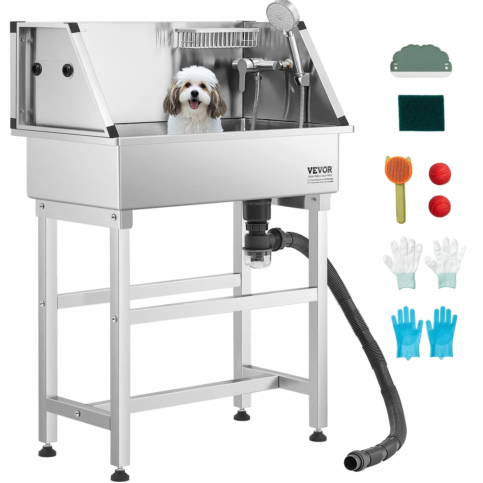 VEVOR Stazione di Lavaggio per Cani in Acciaio Inox, Vasca per Toelettatura per Animali Domestici da 86,36 cm con Rubinetto e Soffione Doccia e Palline da Gioco, per Cani per più Animali Domestici